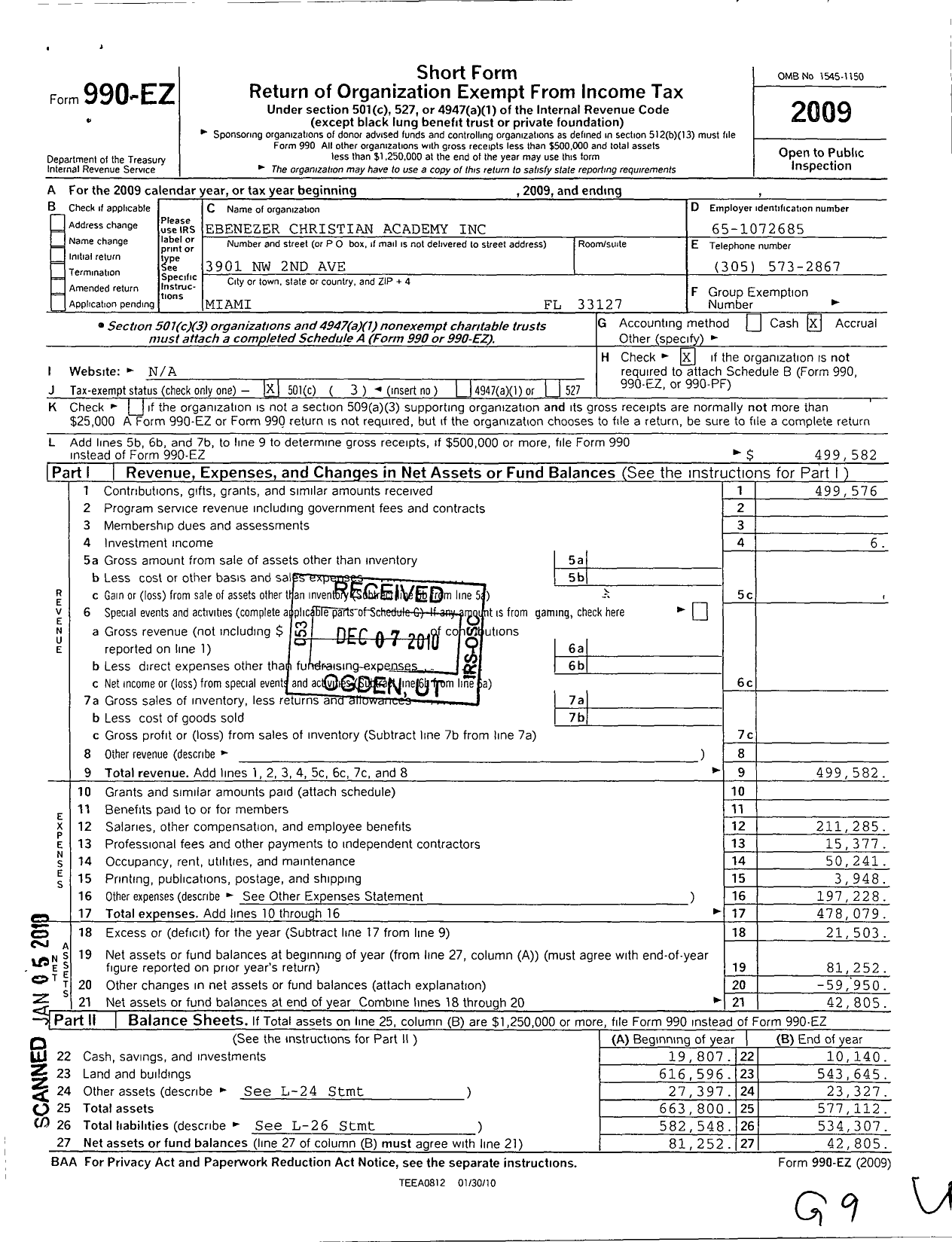 Image of first page of 2009 Form 990EZ for Ebenezer Christian Academy