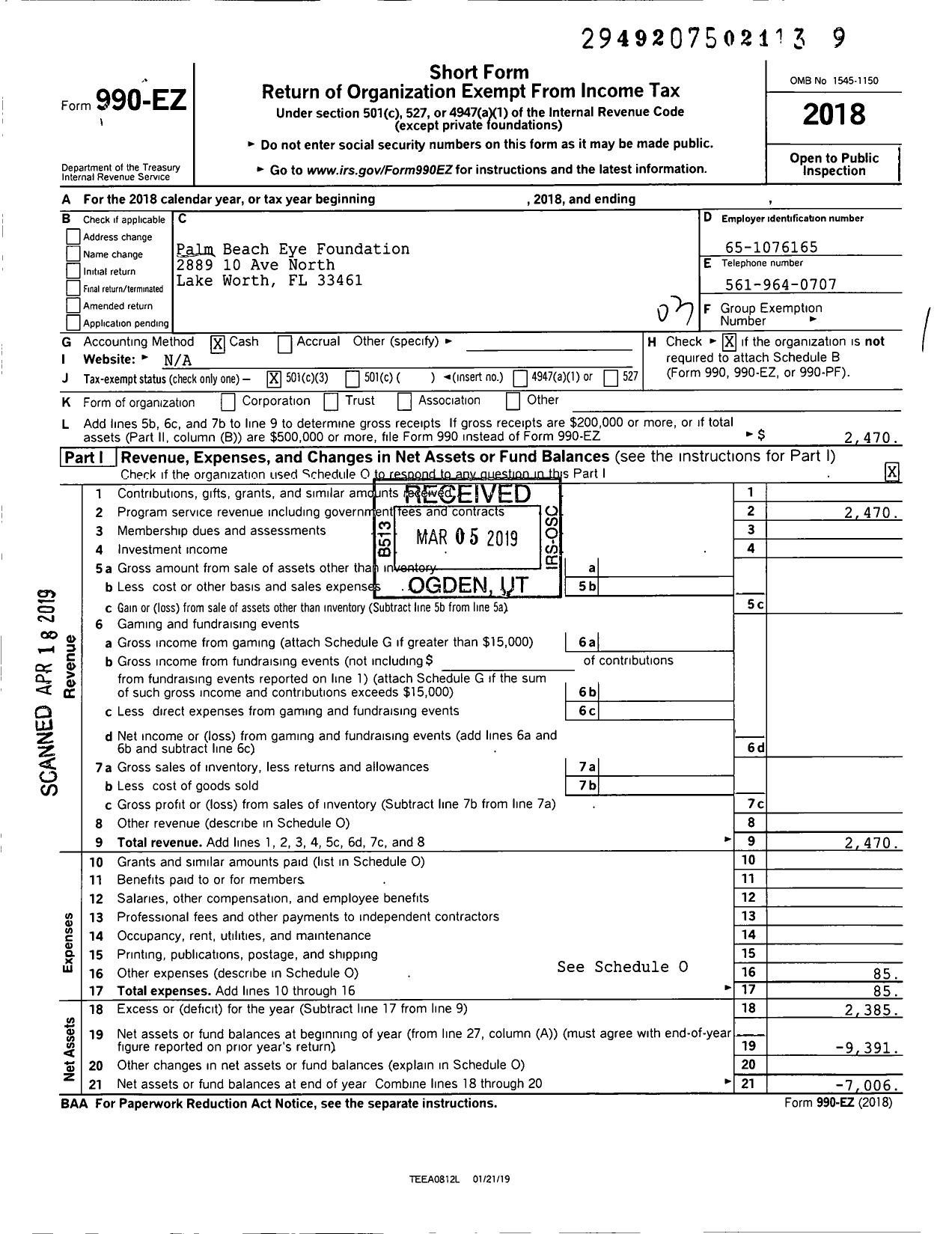 Image of first page of 2018 Form 990EZ for Palm Beach Eye Foundation