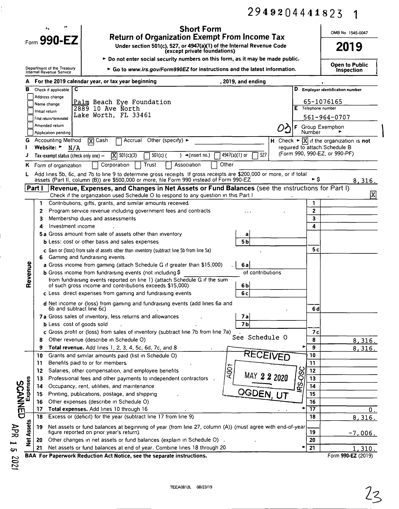 Image of first page of 2019 Form 990EZ for Palm Beach Eye Foundation