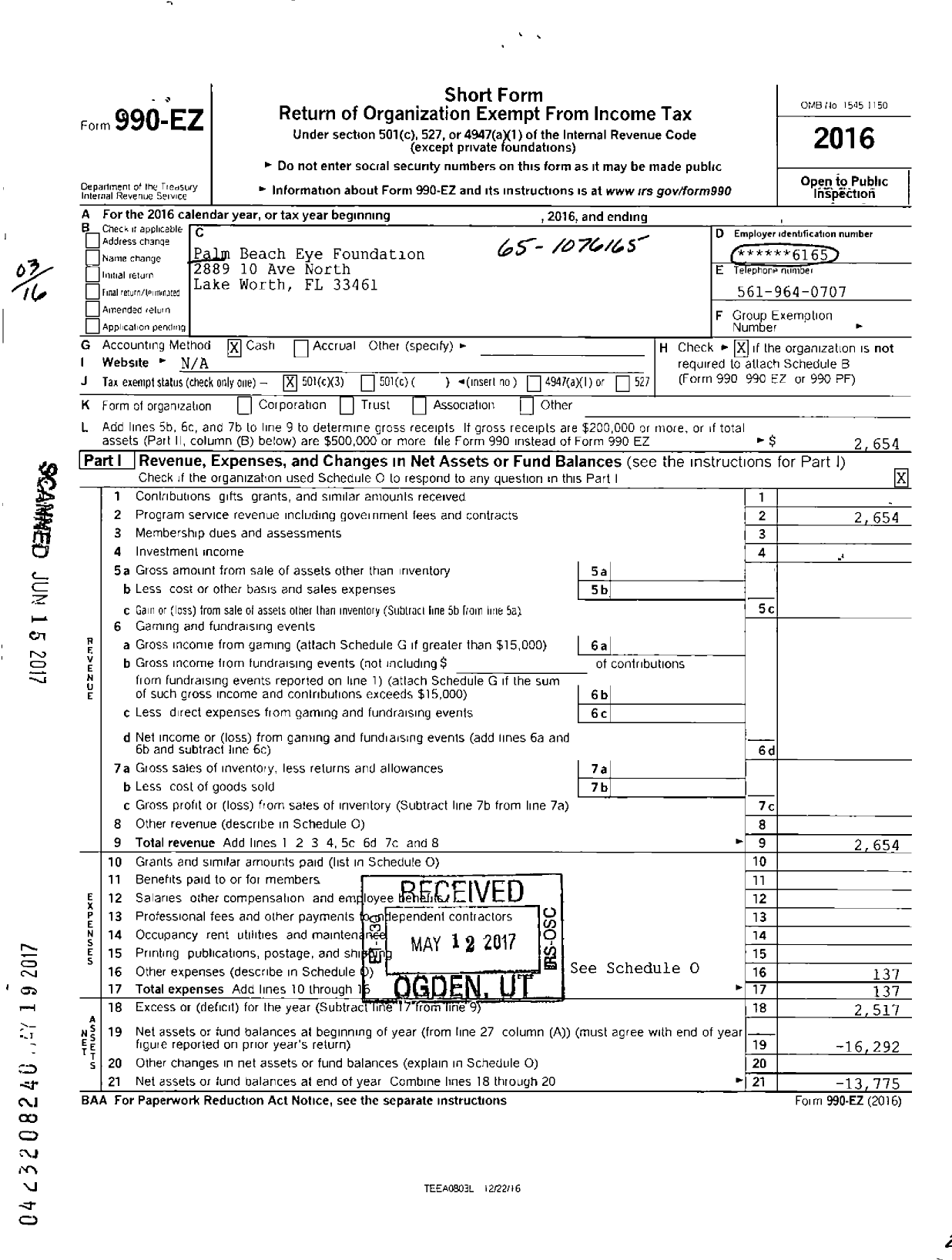 Image of first page of 2016 Form 990EZ for Palm Beach Eye Foundation