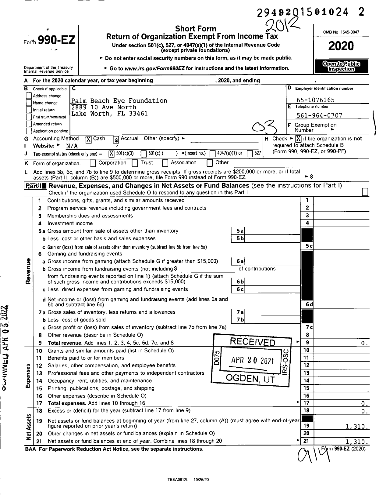 Image of first page of 2020 Form 990EZ for Palm Beach Eye Foundation