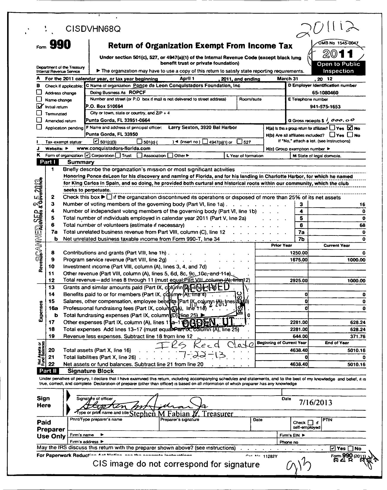 Image of first page of 2011 Form 990 for Ponce de Leon Conquistadors Foundation