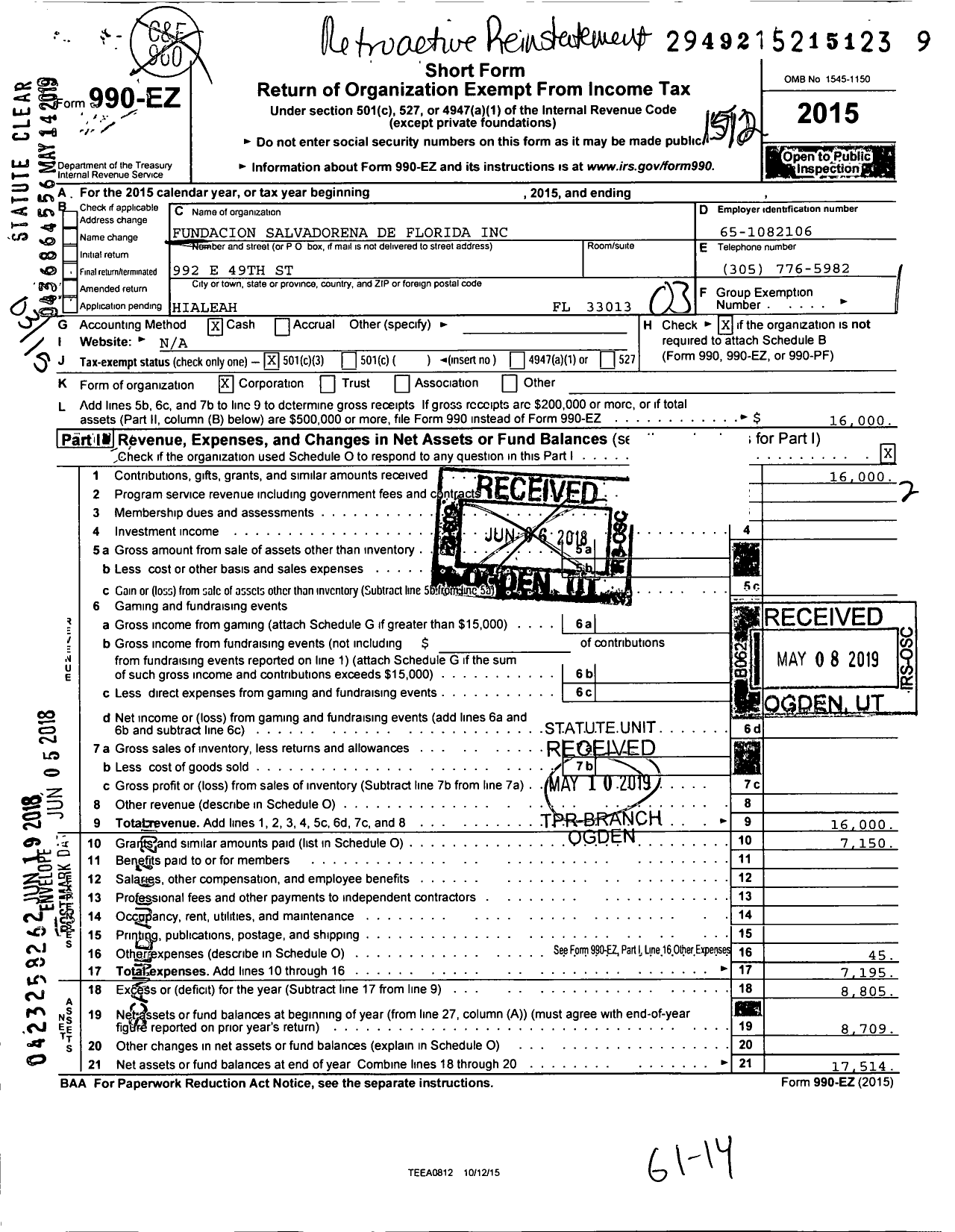 Image of first page of 2015 Form 990EZ for Fundacion Salvadorena de Florida