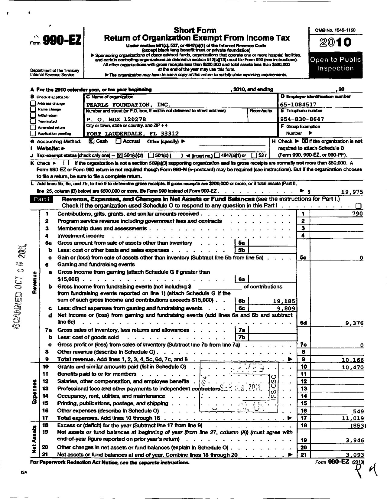 Image of first page of 2010 Form 990EZ for Pearls Foundation