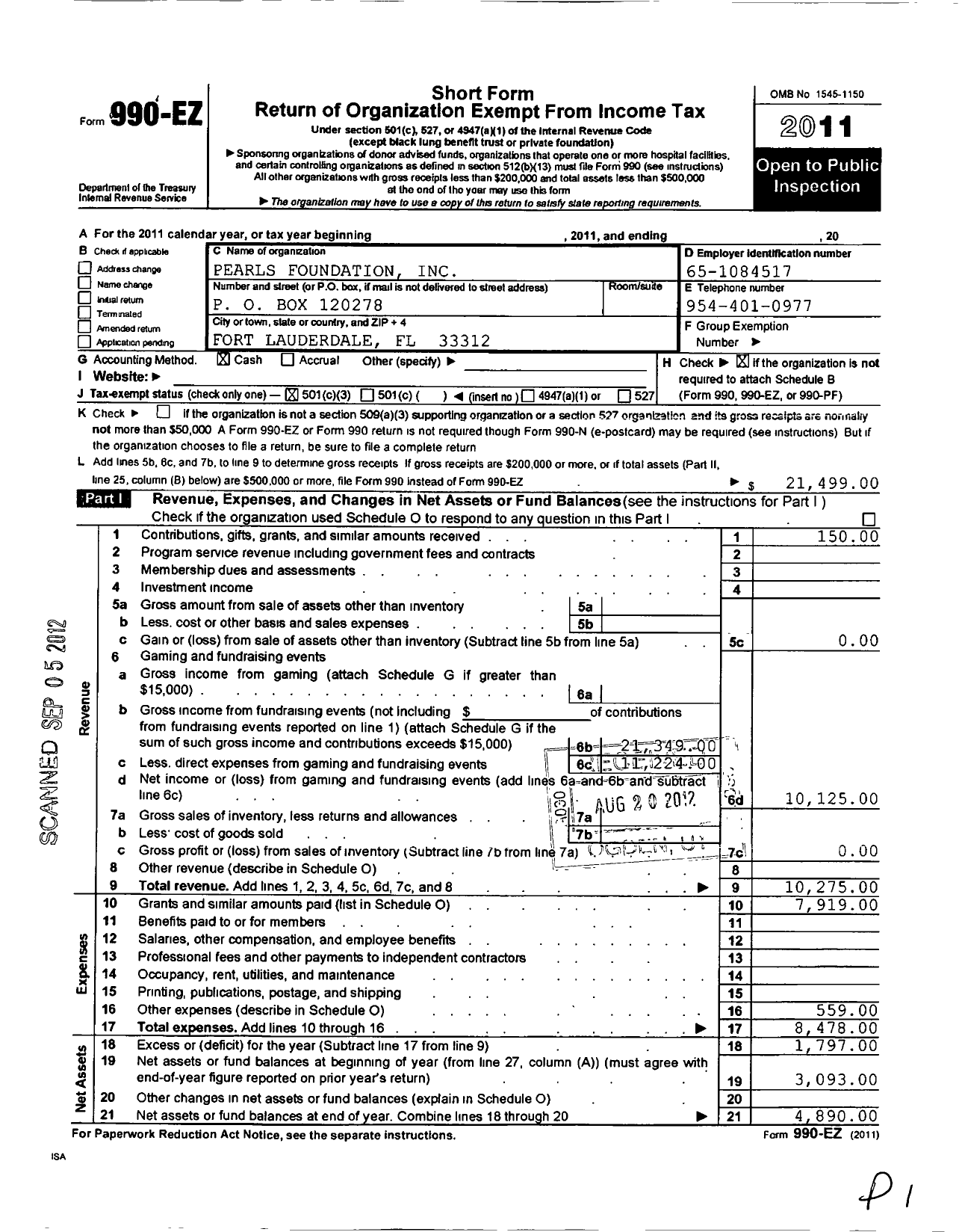 Image of first page of 2011 Form 990EZ for Pearls Foundation