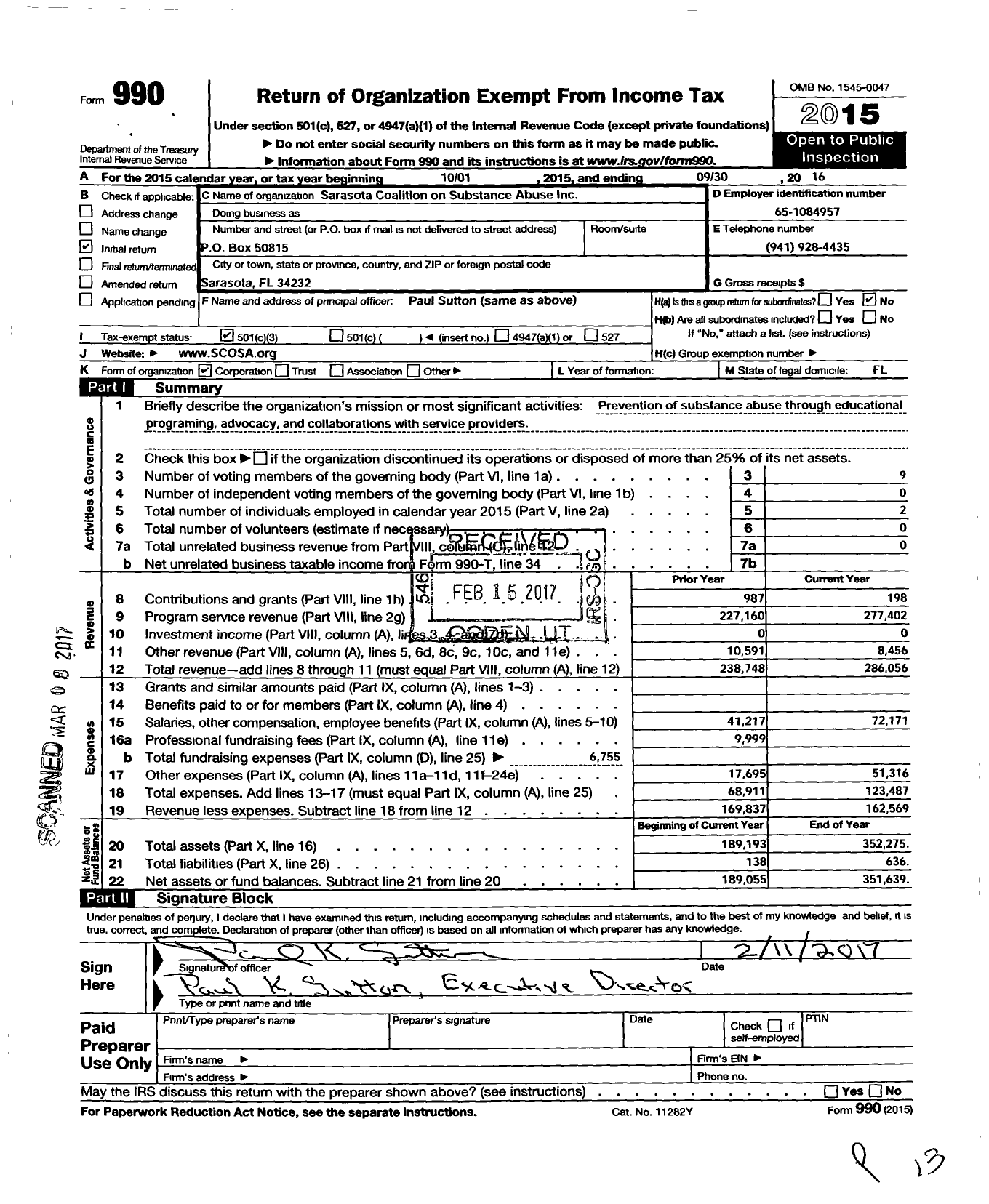 Image of first page of 2015 Form 990 for Sarasota Coalition on Substance Abuse