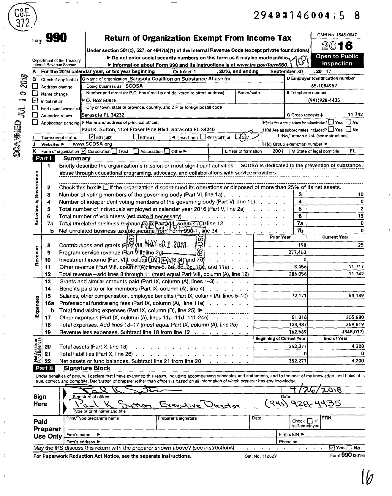 Image of first page of 2016 Form 990 for Sarasota Coalition on Substance Abuse