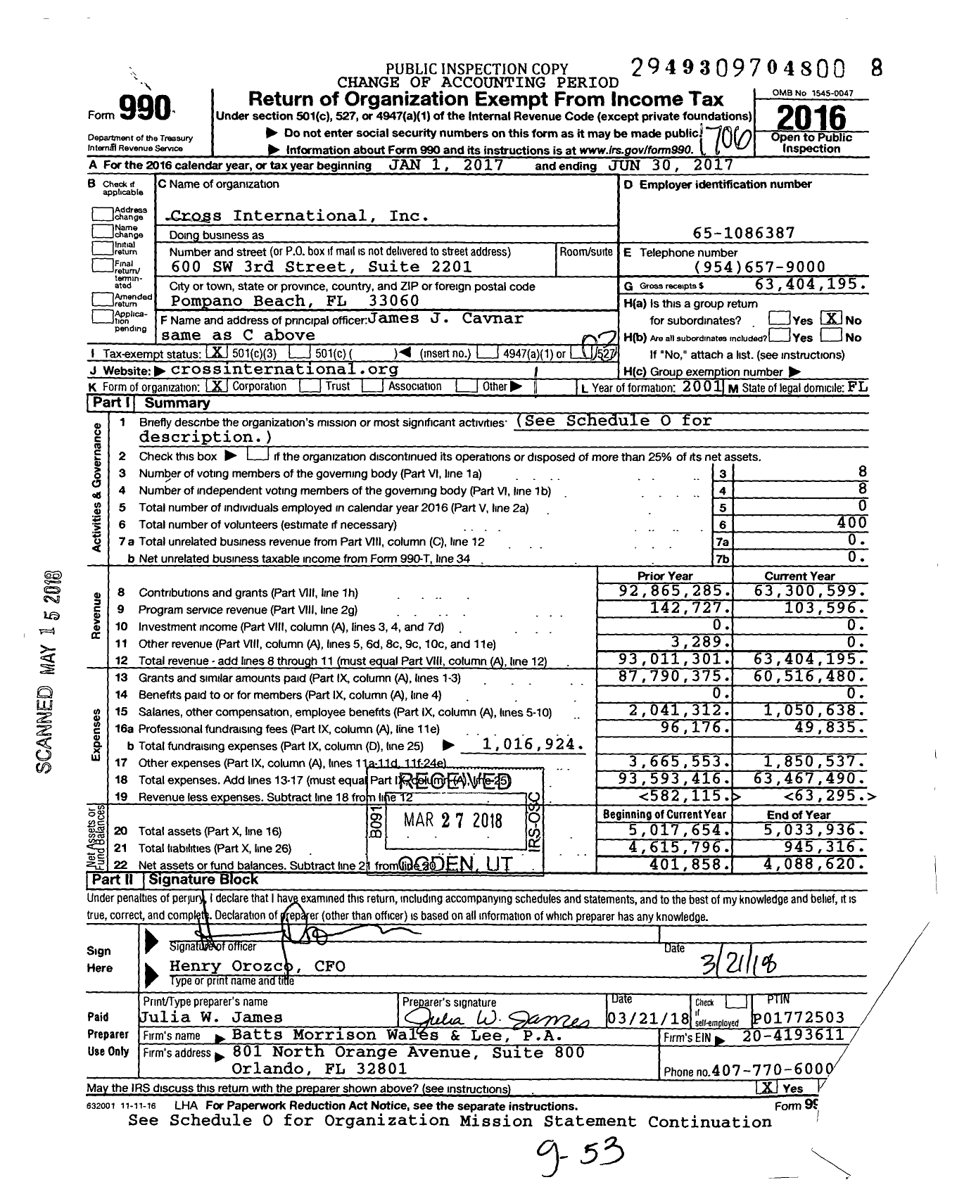 Image of first page of 2016 Form 990 for Cross International