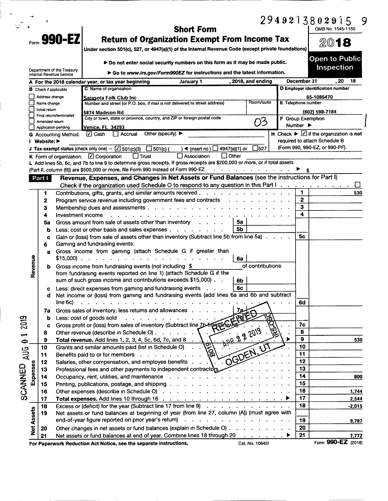 Image of first page of 2018 Form 990EZ for Sarasota Folk Club