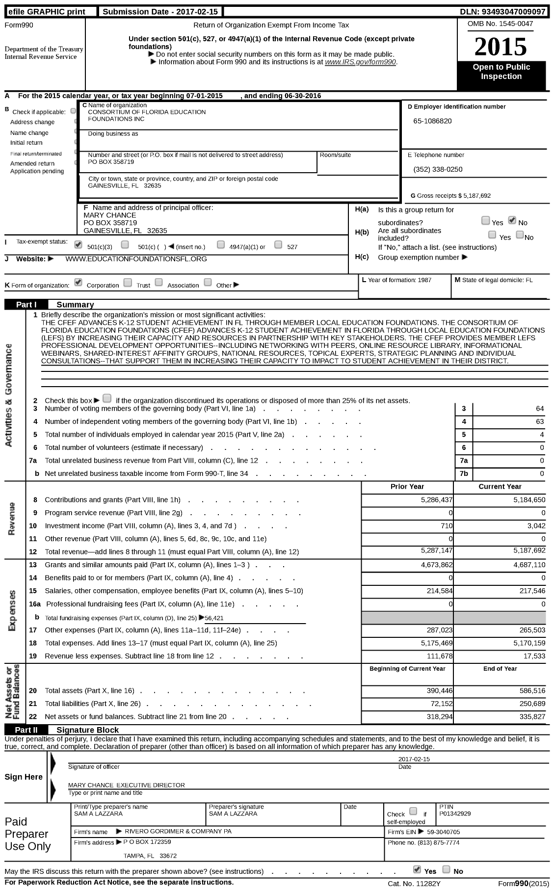 Image of first page of 2015 Form 990 for The Consortium of Florida Education Foundations (CFEF)
