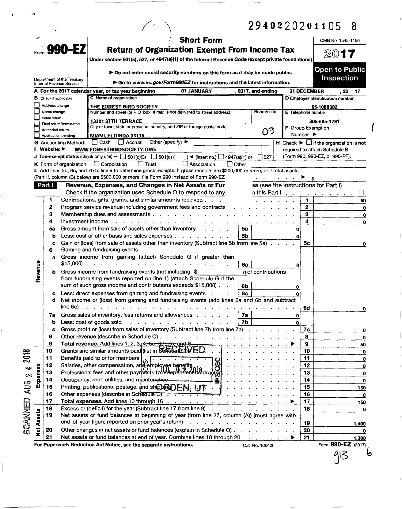 Image of first page of 2017 Form 990EZ for Forest Bird Society