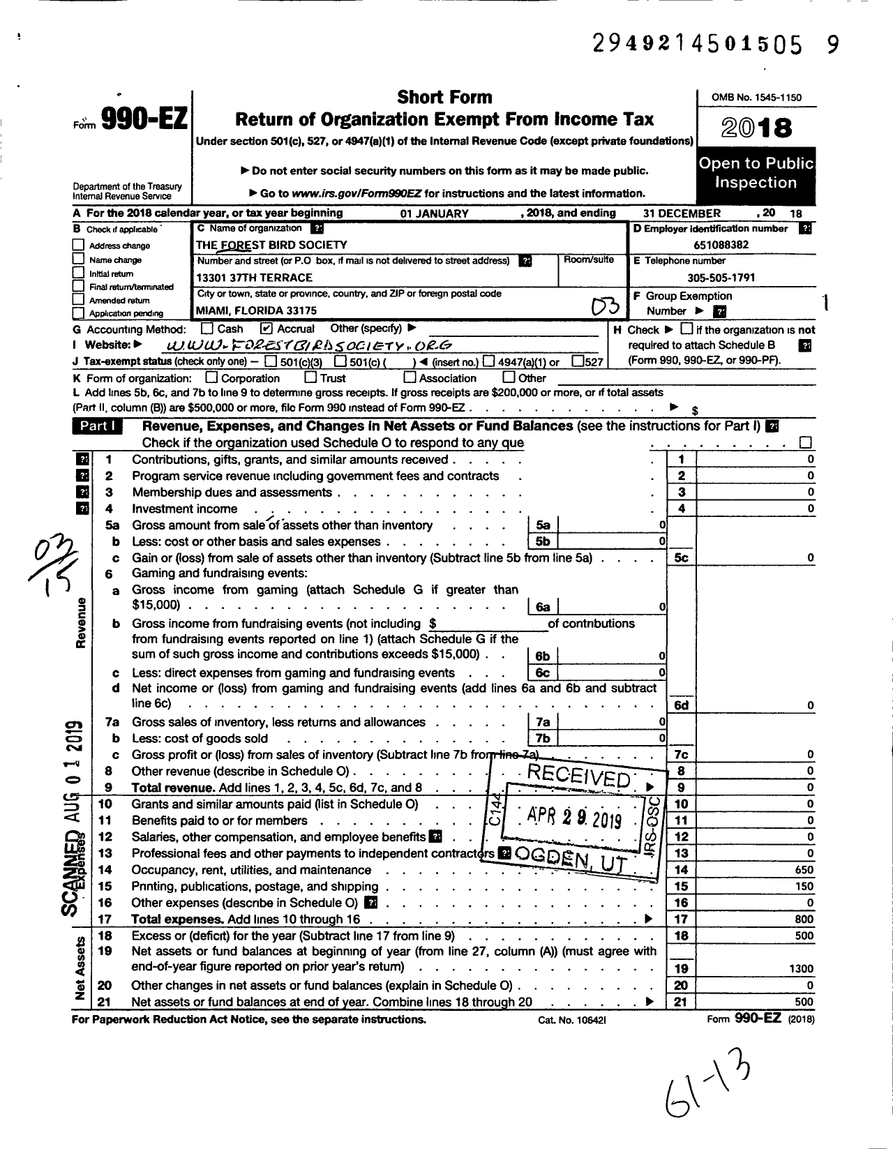 Image of first page of 2018 Form 990EZ for Forest Bird Society