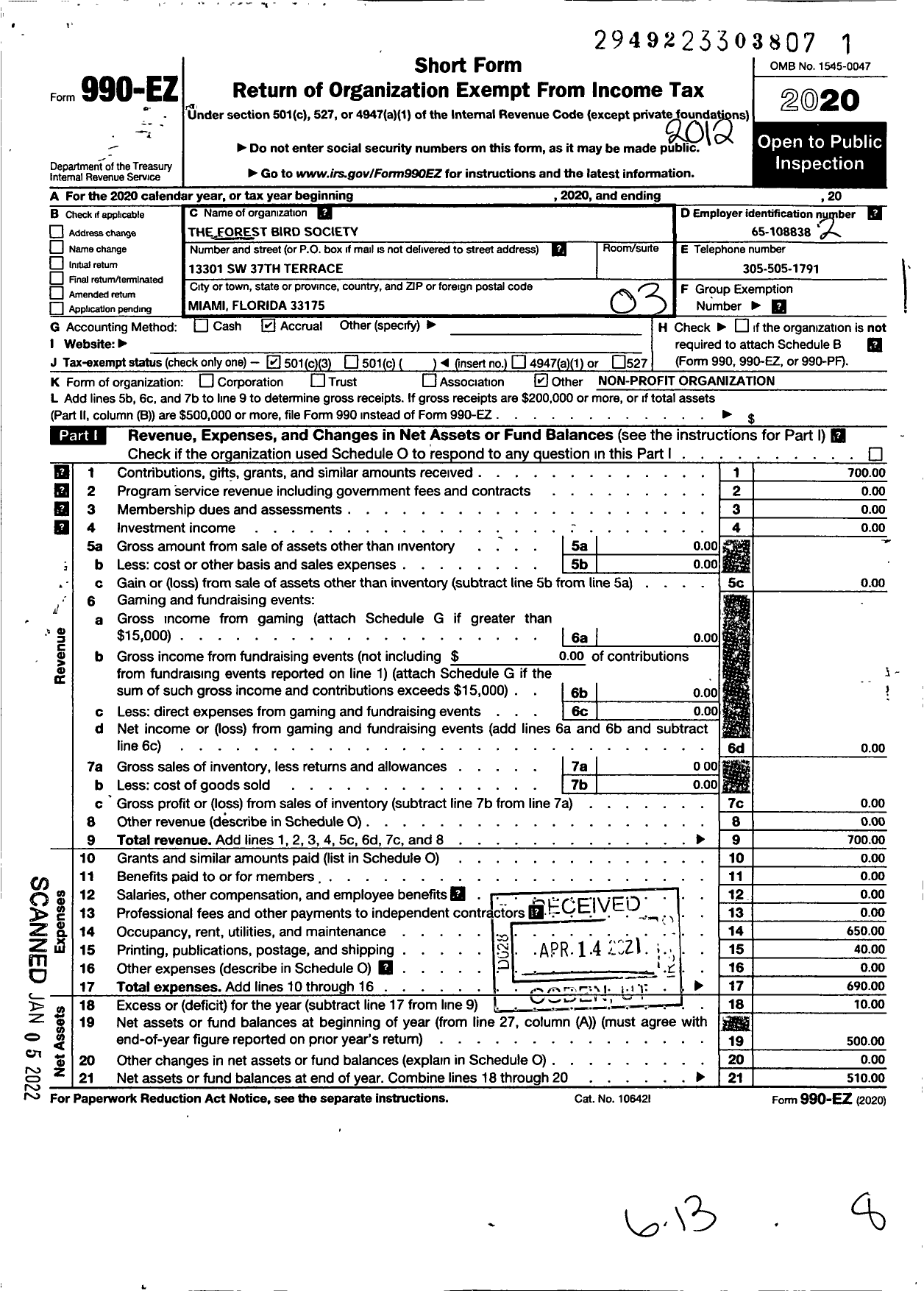 Image of first page of 2020 Form 990EZ for Forest Bird Society