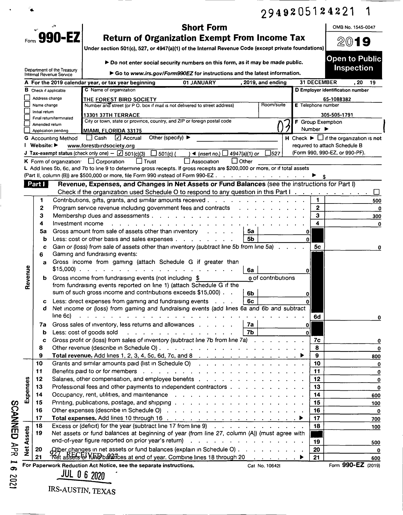 Image of first page of 2019 Form 990EZ for Forest Bird Society