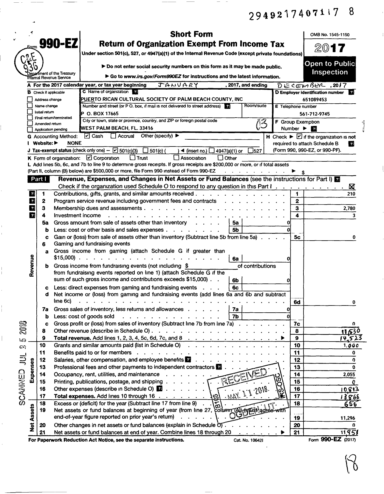 Image of first page of 2017 Form 990EZ for Puerto Rican Cultural Society of Palm Beach County