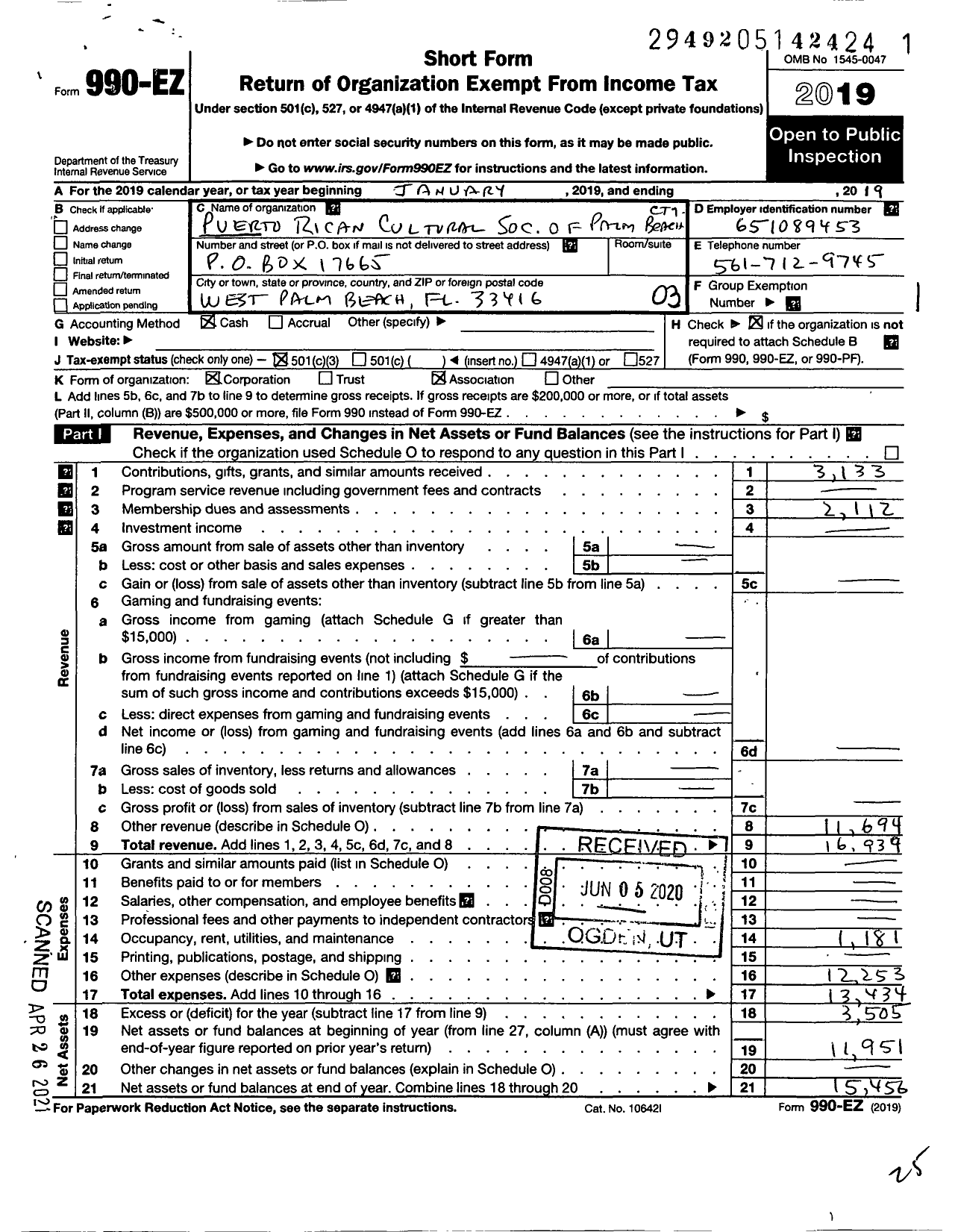 Image of first page of 2019 Form 990EZ for Puerto Rican Cultural Society of Palm Beach County