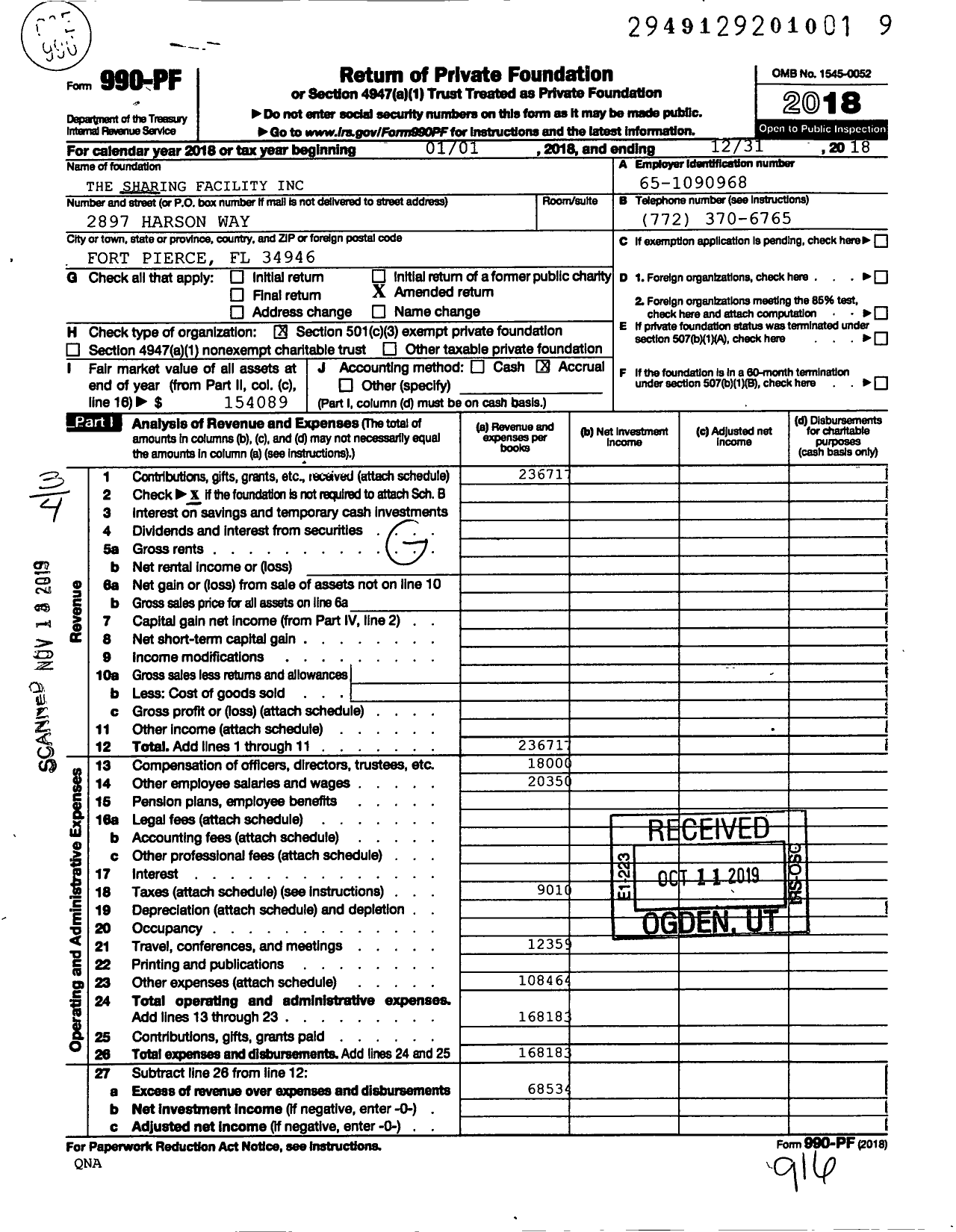 Image of first page of 2018 Form 990PF for Sharing Facility