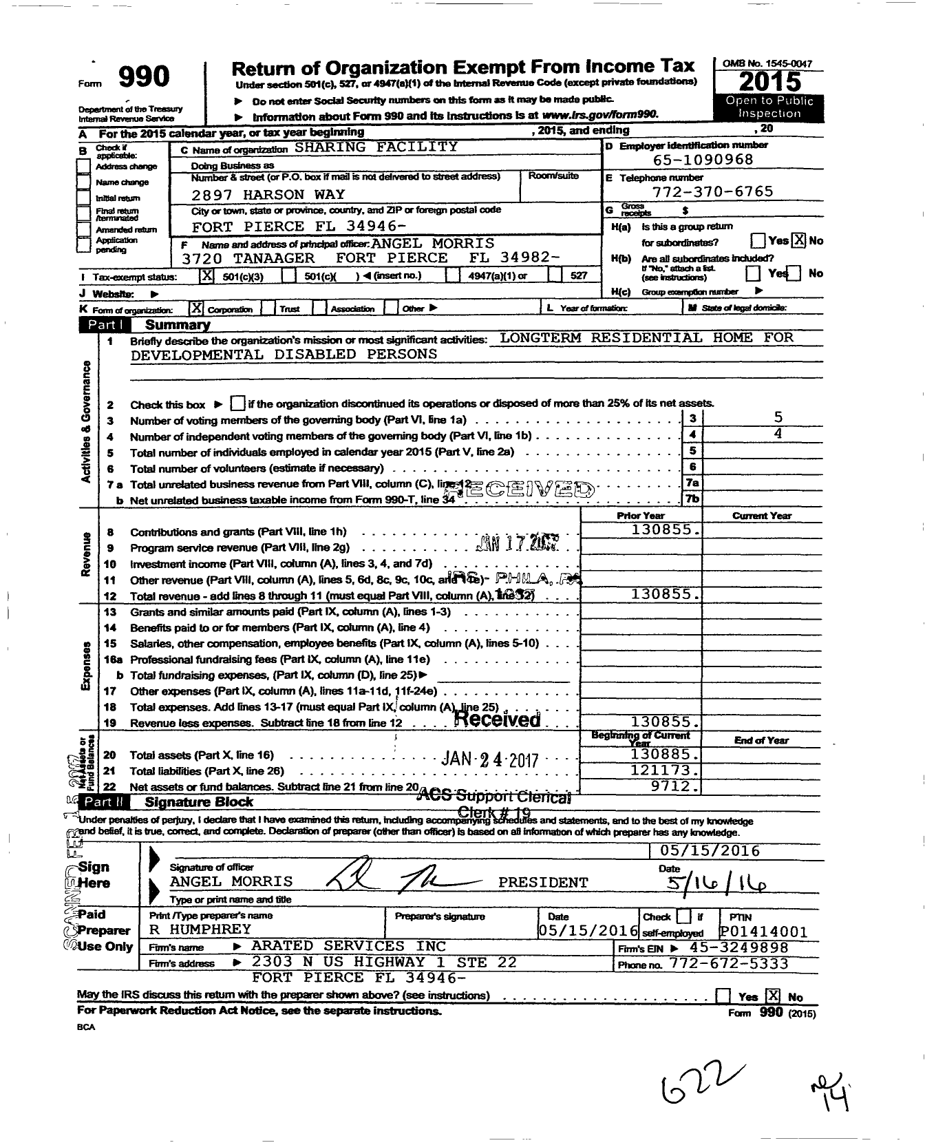 Image of first page of 2015 Form 990 for Sharing Facility