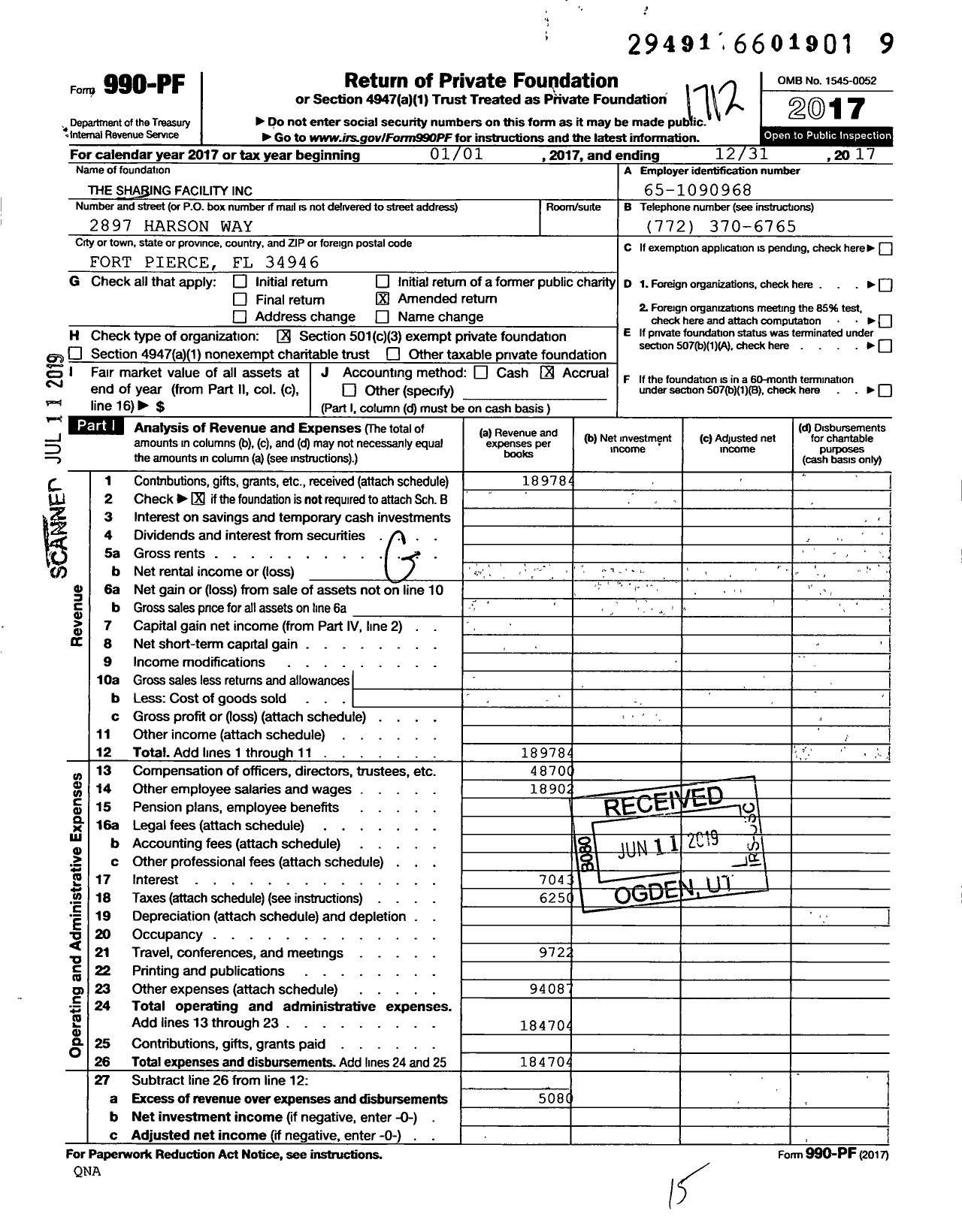 Image of first page of 2017 Form 990PF for Sharing Facility