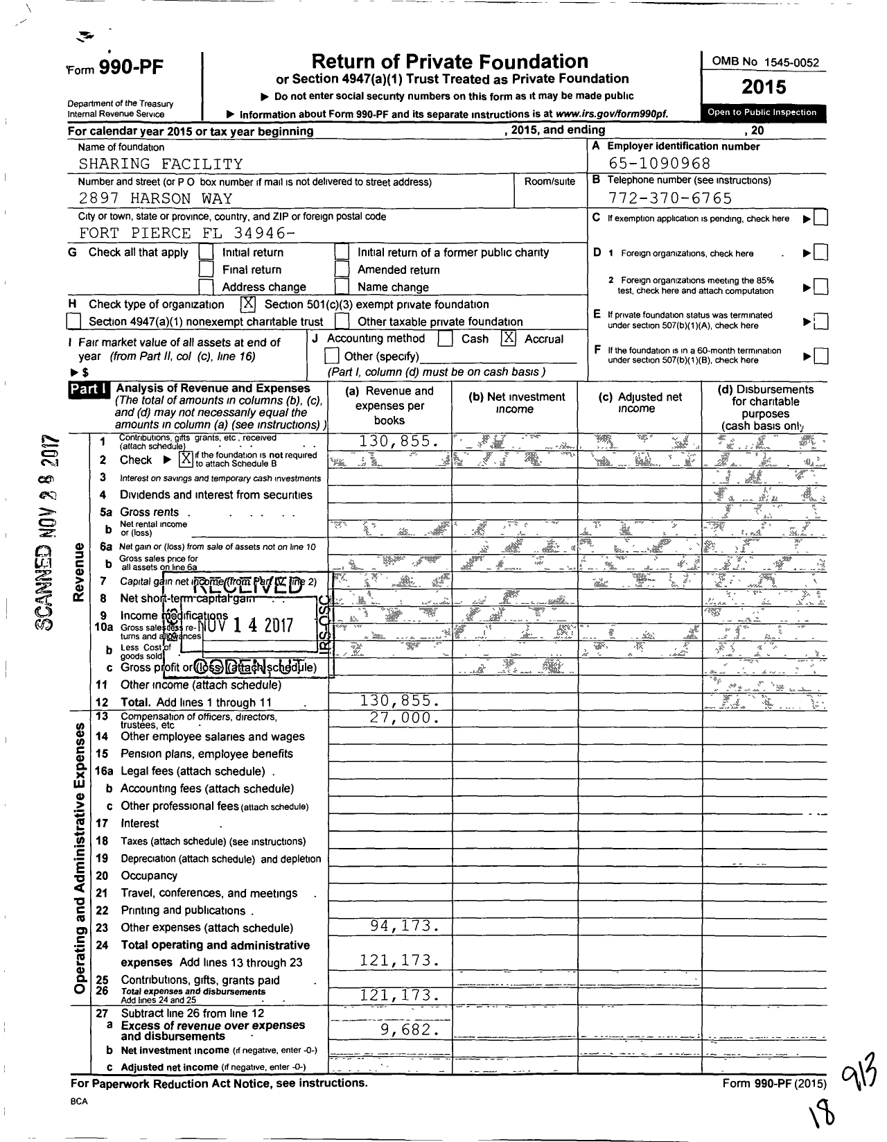 Image of first page of 2015 Form 990PF for Sharing Facility
