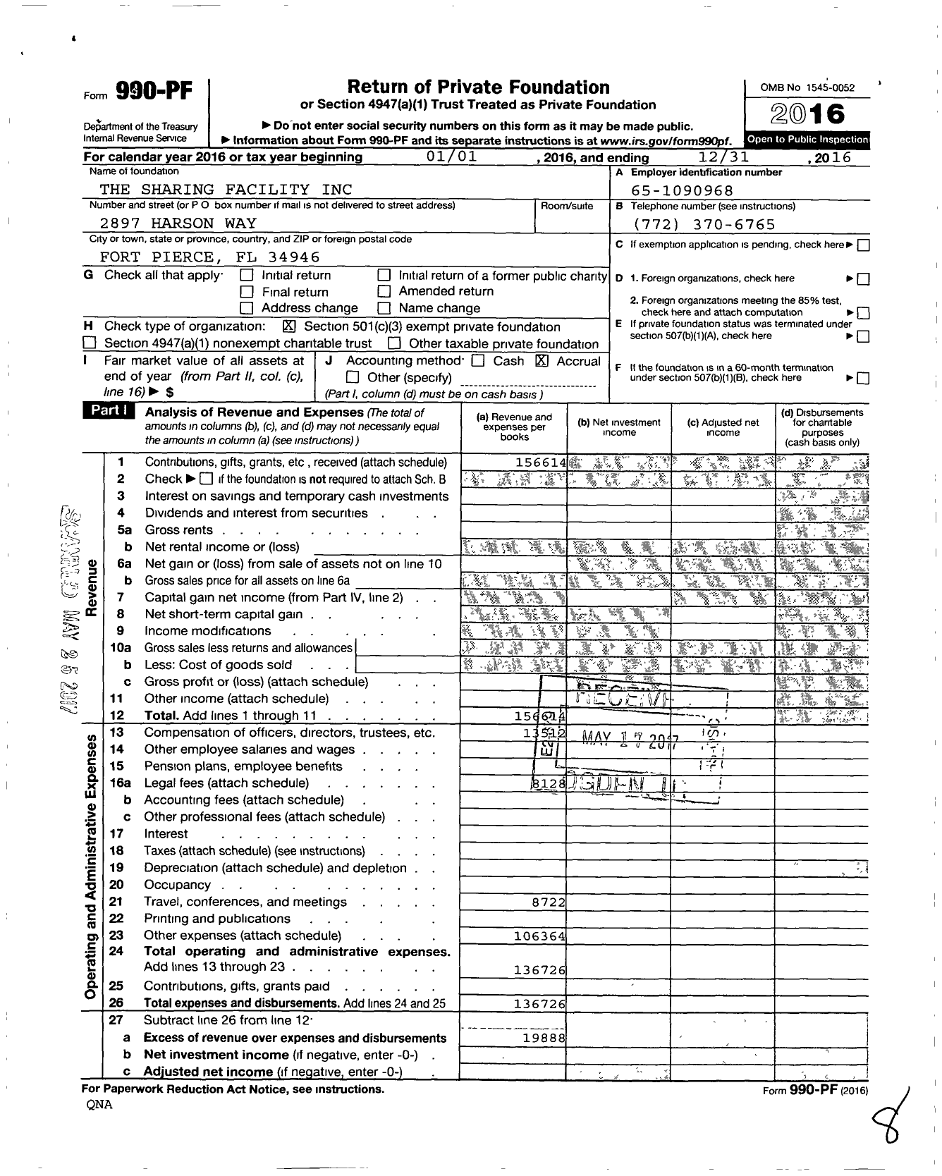 Image of first page of 2016 Form 990PF for Sharing Facility