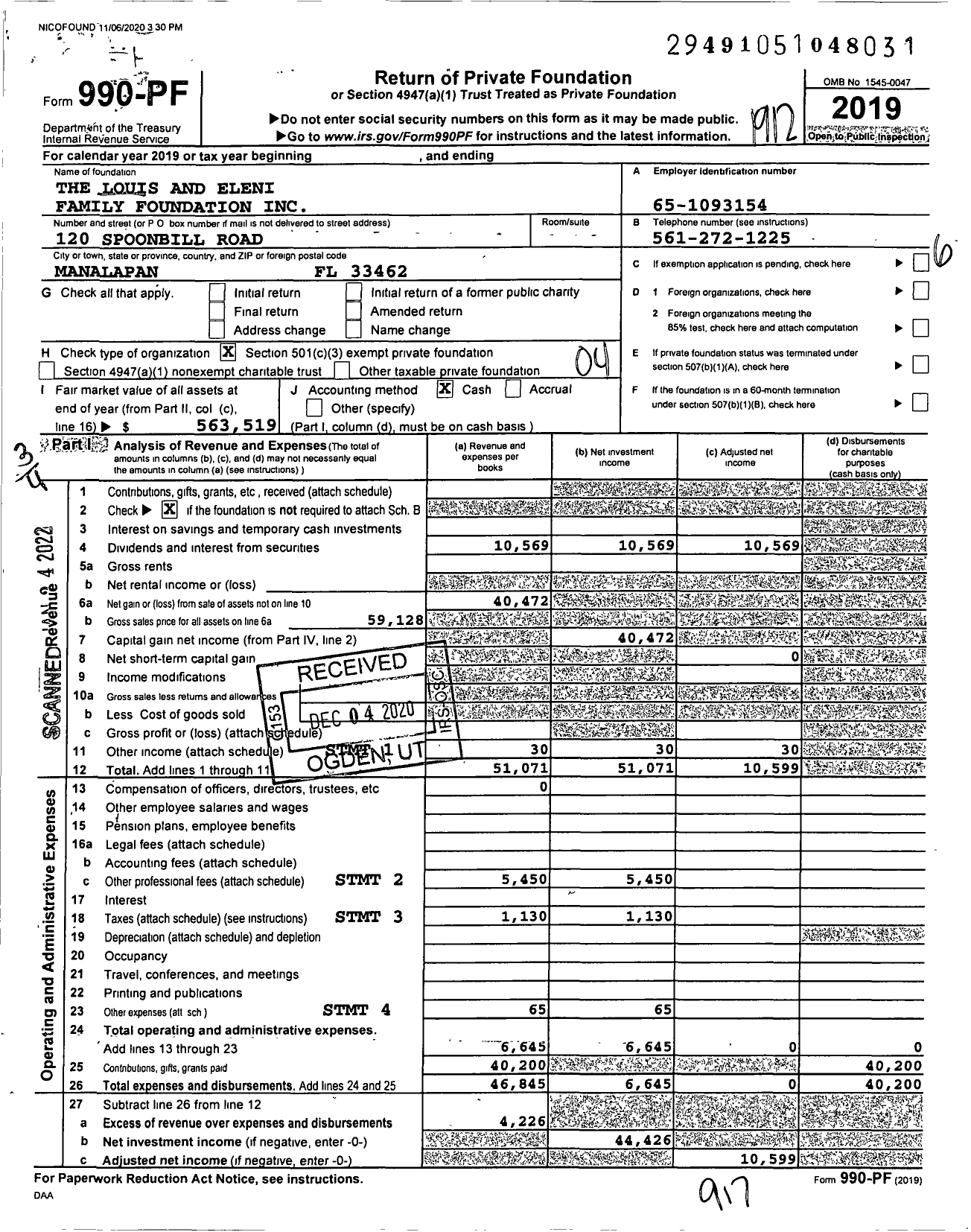 Image of first page of 2019 Form 990PF for The Louis and Eleni Nicozisis Family Foundation