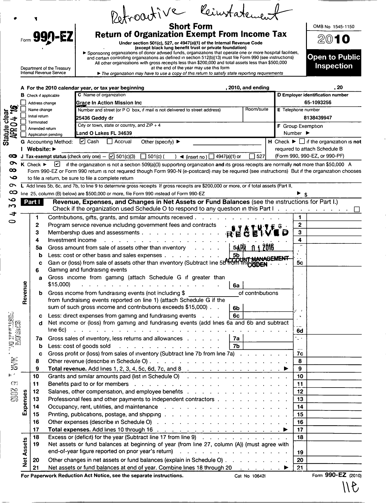 Image of first page of 2010 Form 990EZ for Grace in Action Mission