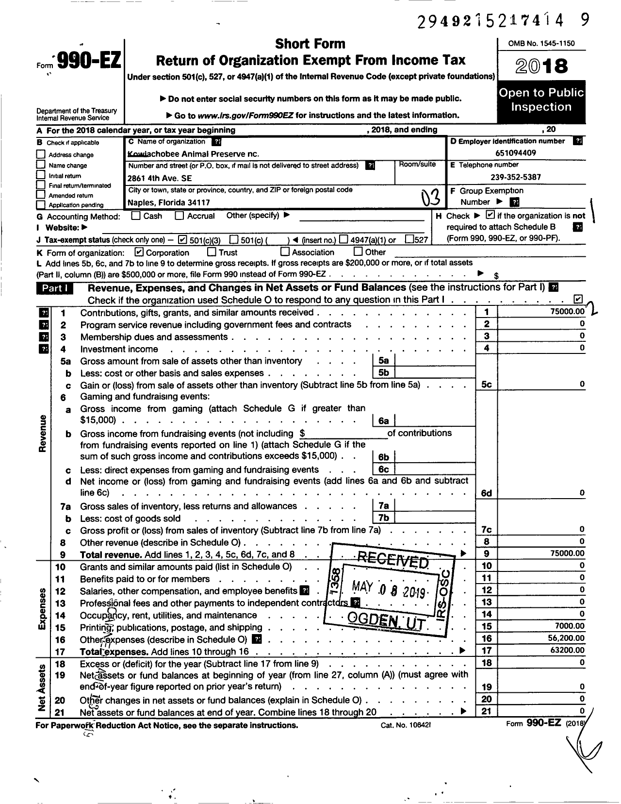 Image of first page of 2018 Form 990EZ for Kowiachobee Animal Preserve