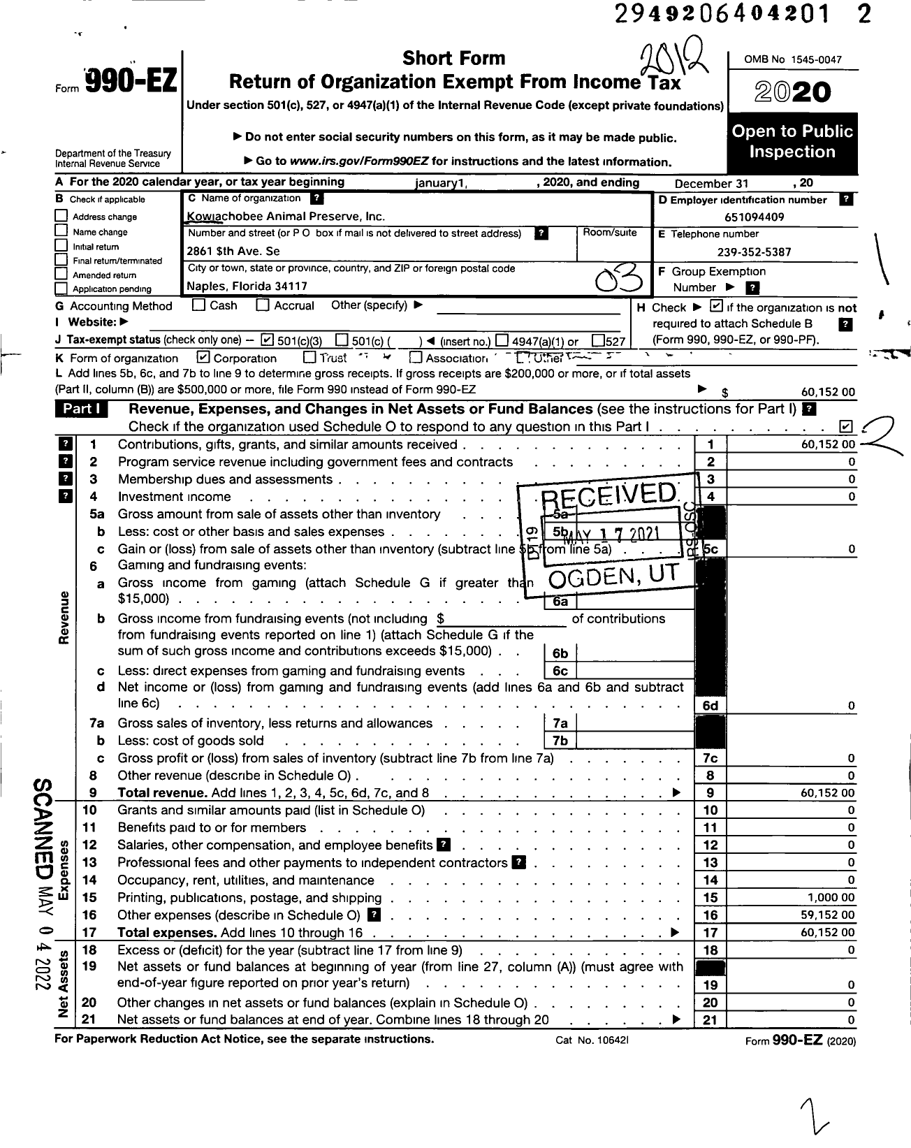 Image of first page of 2020 Form 990EZ for Kowiachobee Animal Preserve