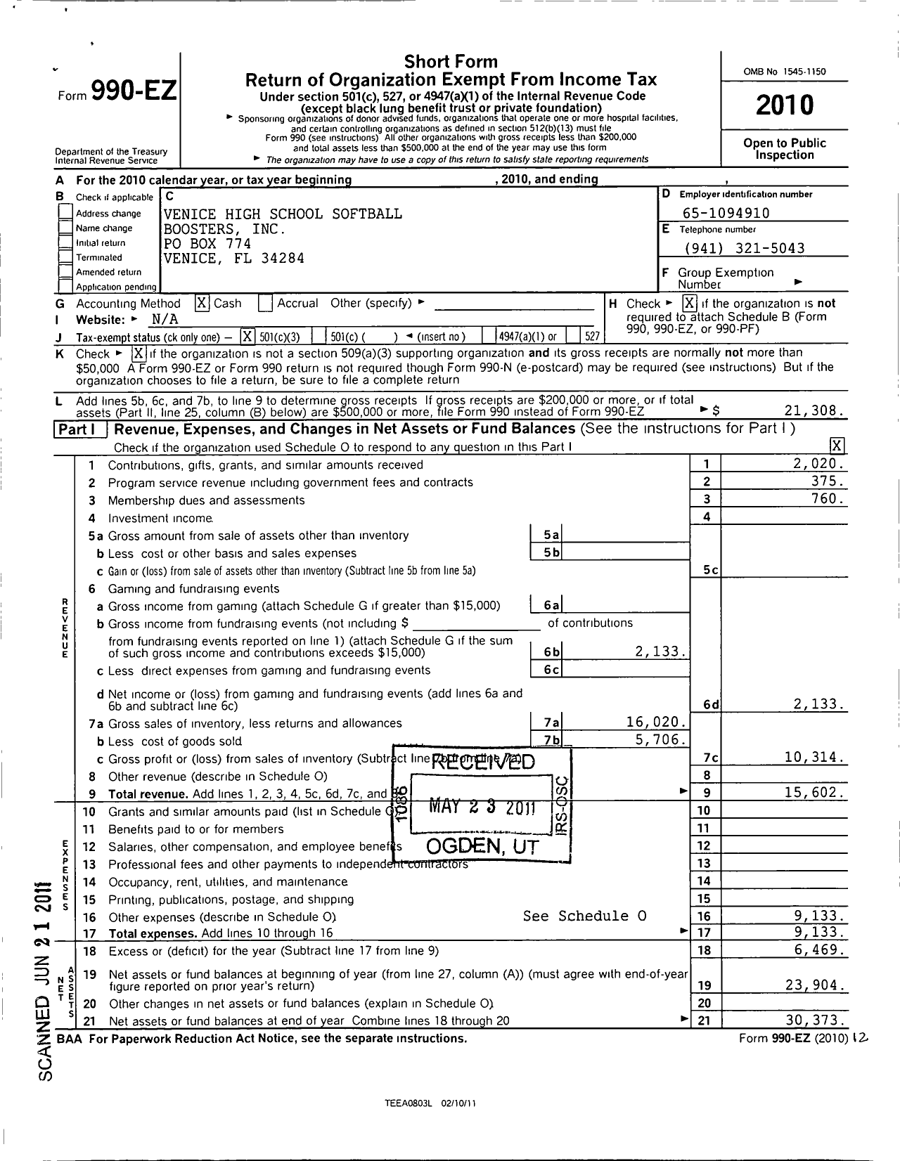 Image of first page of 2010 Form 990EZ for Venice High School Softball Boosters