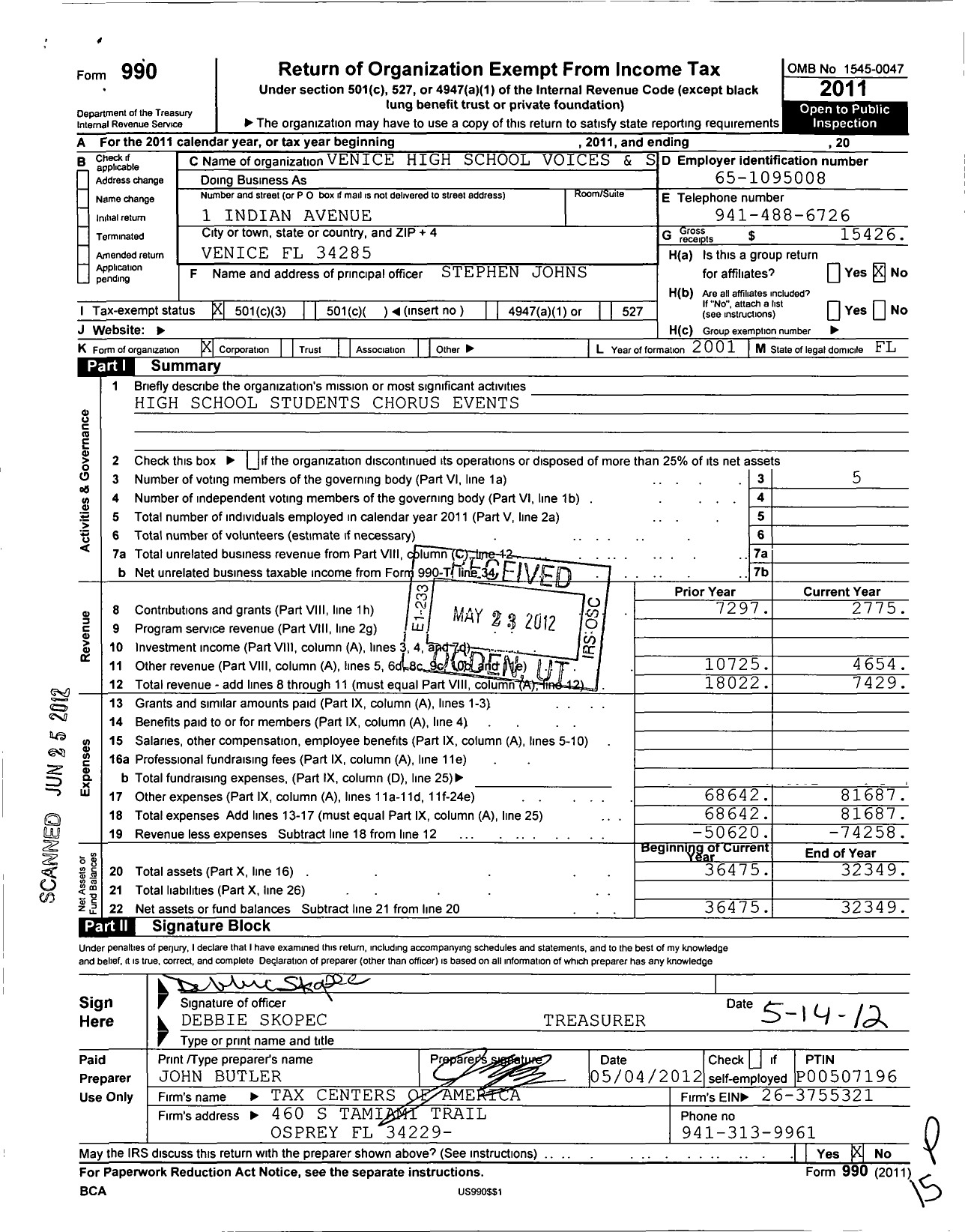 Image of first page of 2011 Form 990 for Venice High School Choral Boosters