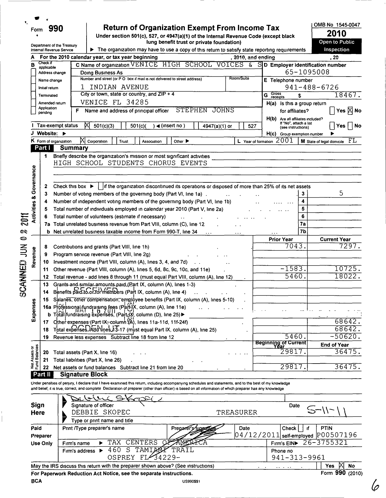 Image of first page of 2010 Form 990 for Venice High School Choral Boosters