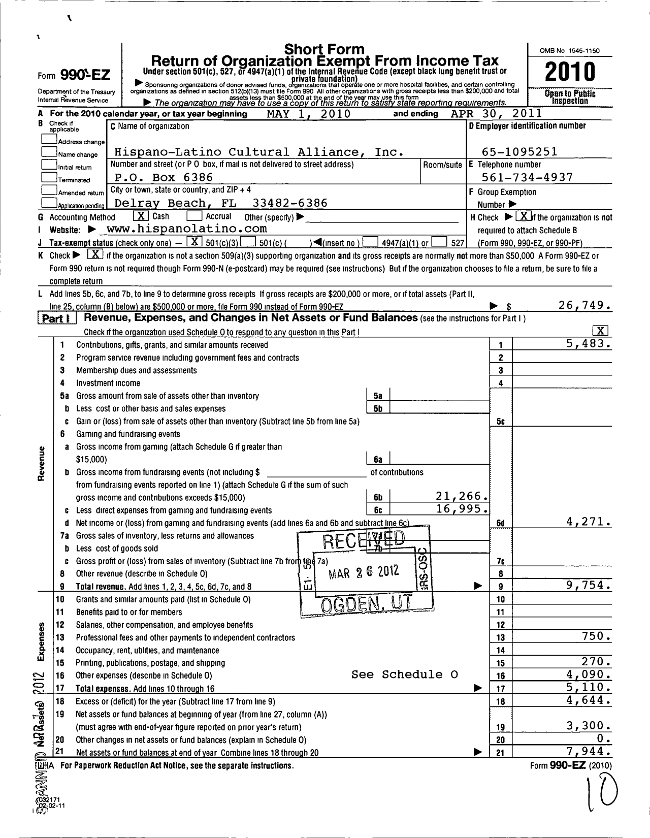 Image of first page of 2010 Form 990EZ for Hispano-Latino Cultural Alliance