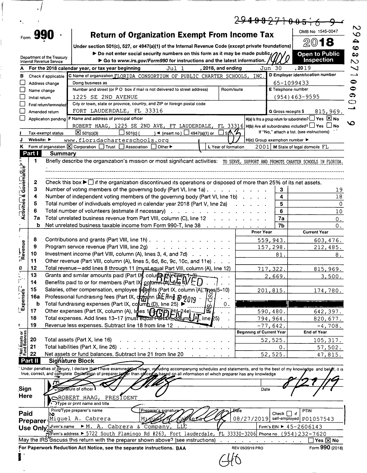Image of first page of 2018 Form 990 for Florida Consortium Of Public Charter Schools