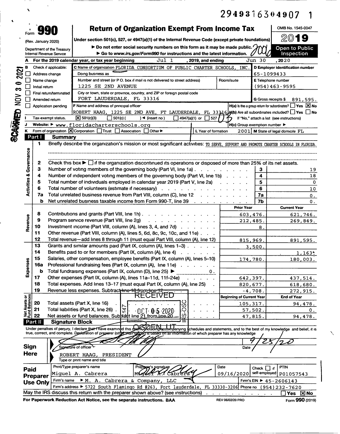 Image of first page of 2019 Form 990 for Florida Consortium Of Public Charter Schools