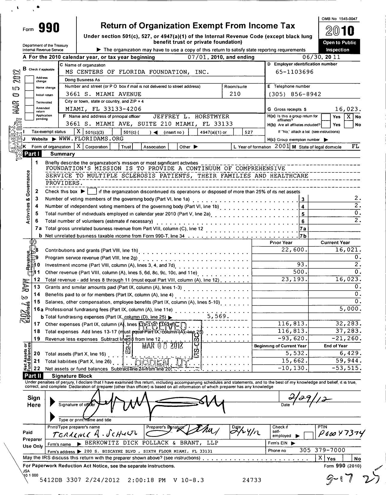 Image of first page of 2010 Form 990 for MS Centers of Florida Foundation