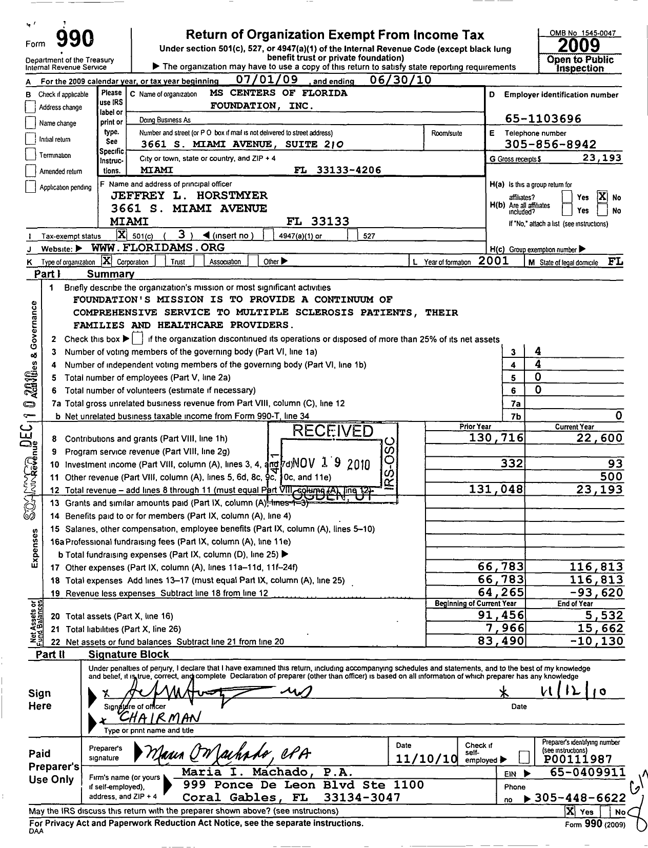 Image of first page of 2009 Form 990 for MS Centers of Florida Foundation