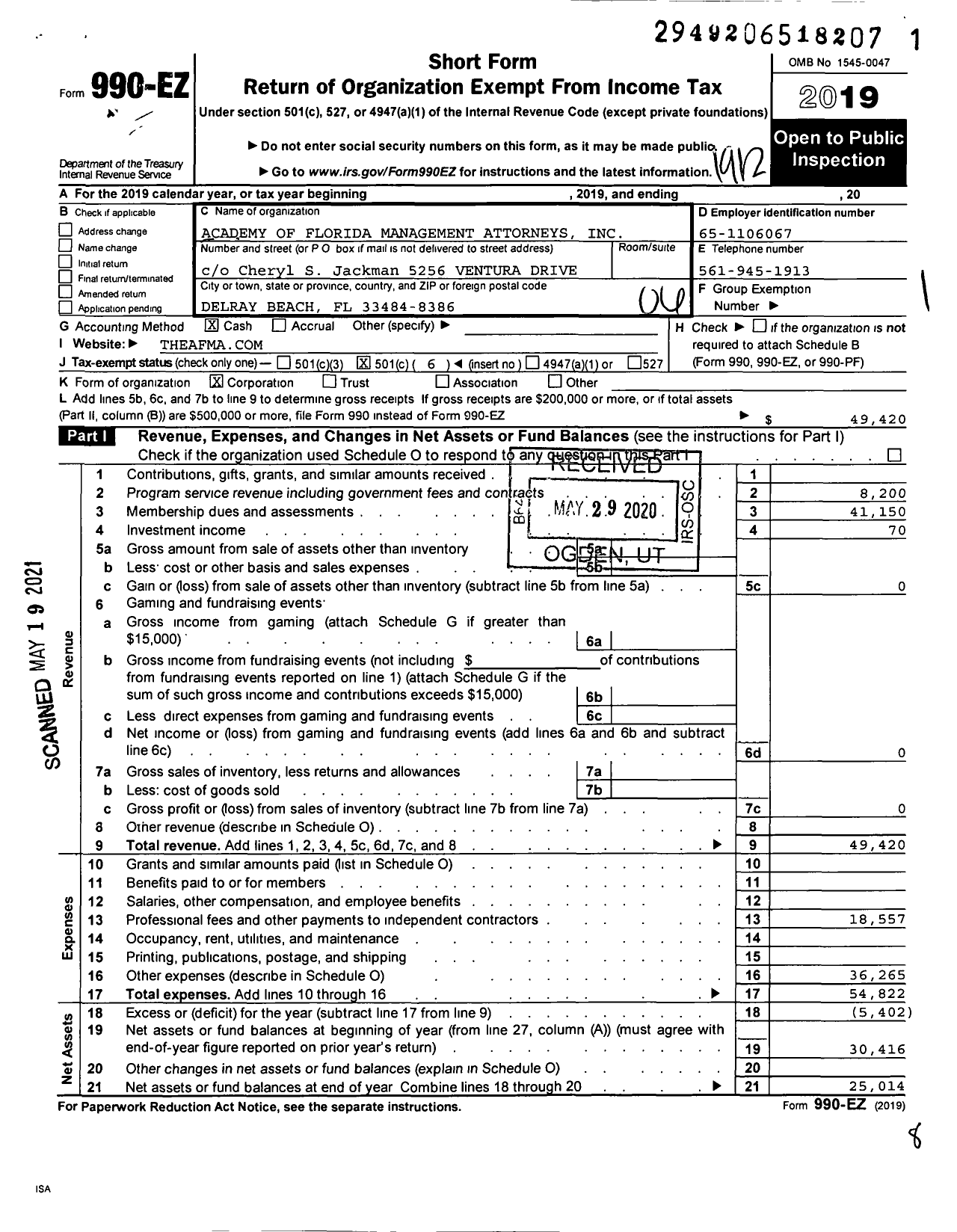 Image of first page of 2019 Form 990EO for Academy of Florida Managment Attorneys