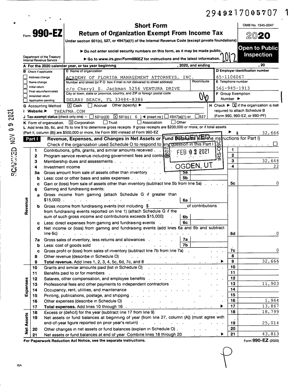 Image of first page of 2020 Form 990EO for Academy of Florida Managment Attorneys