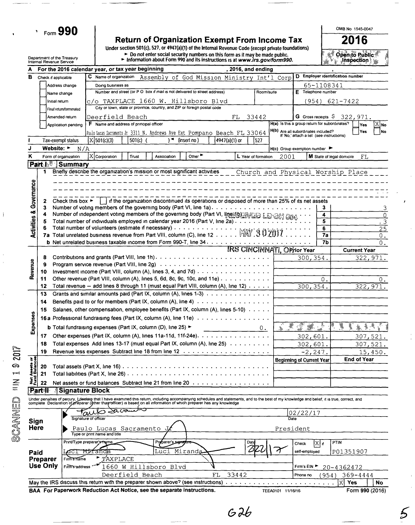Image of first page of 2016 Form 990 for Assembly of God Mission Ministry Int'l Corp