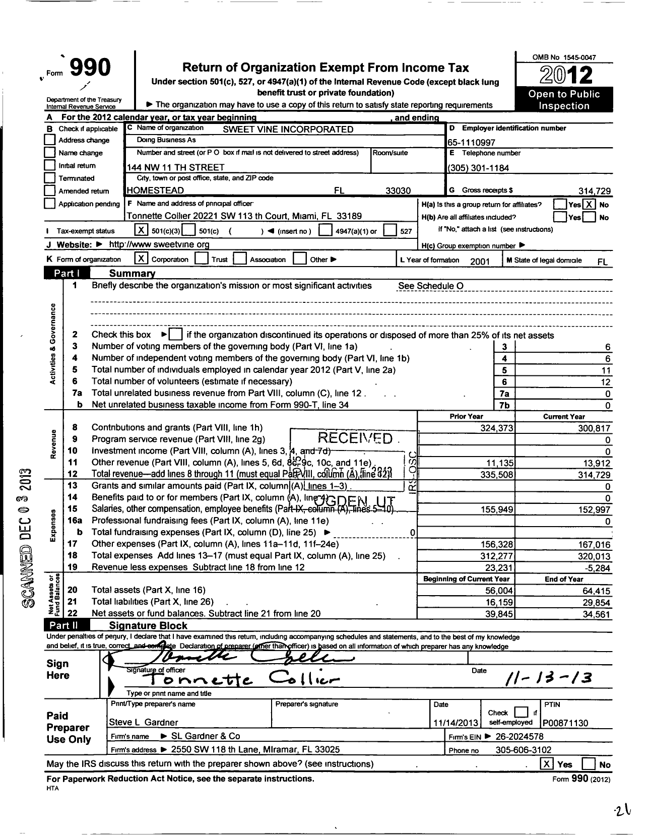 Image of first page of 2012 Form 990 for Sweet Vine Incorporated