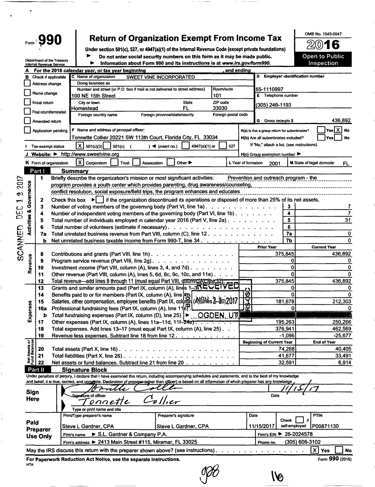 Image of first page of 2016 Form 990 for Sweet Vine Incorporated