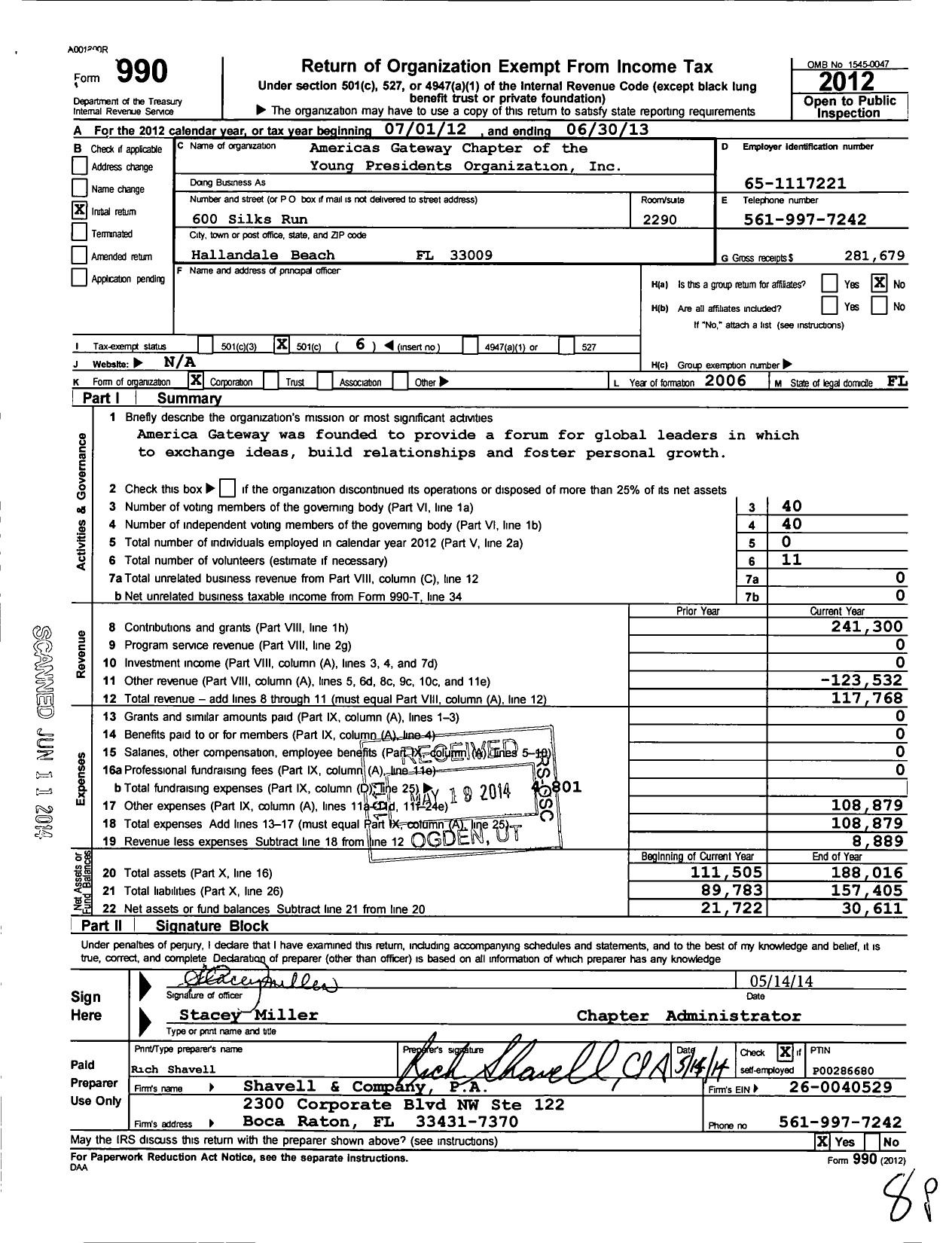 Image of first page of 2012 Form 990O for Americas Gateway Chapter of the YPO