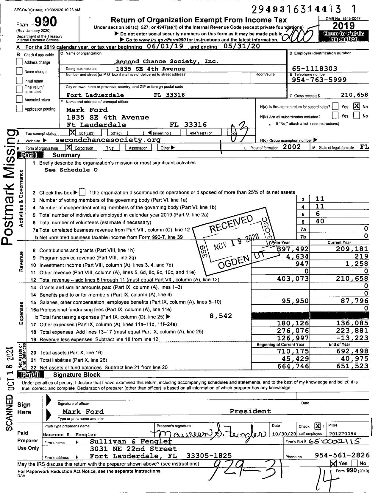 Image of first page of 2019 Form 990 for Second Chance Society