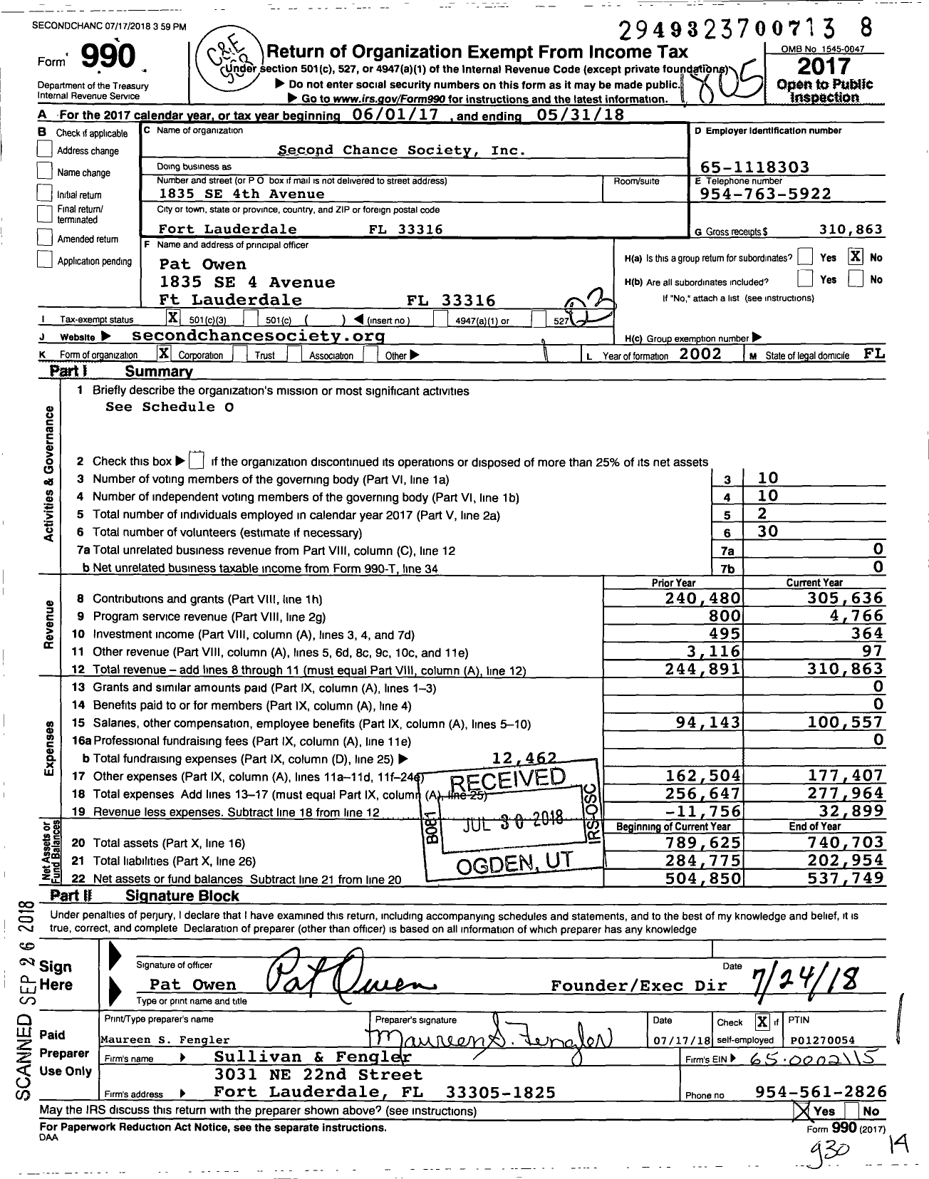 Image of first page of 2017 Form 990 for Second Chance Society
