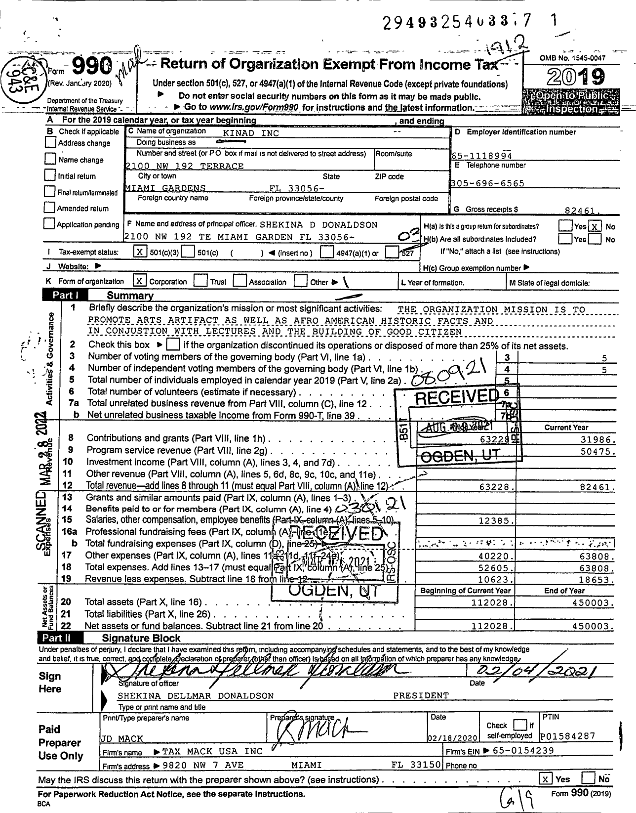 Image of first page of 2019 Form 990 for Kinad