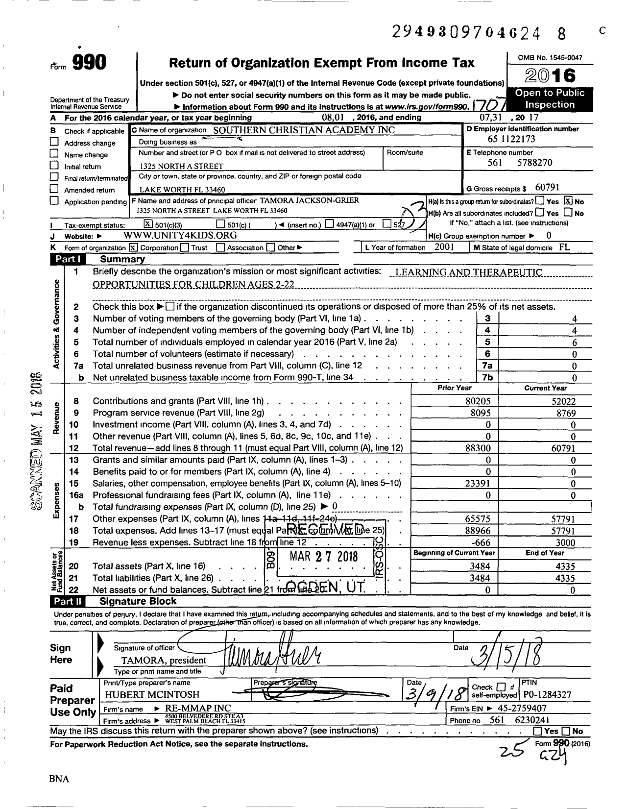 Image of first page of 2016 Form 990 for Southern Christian Academy