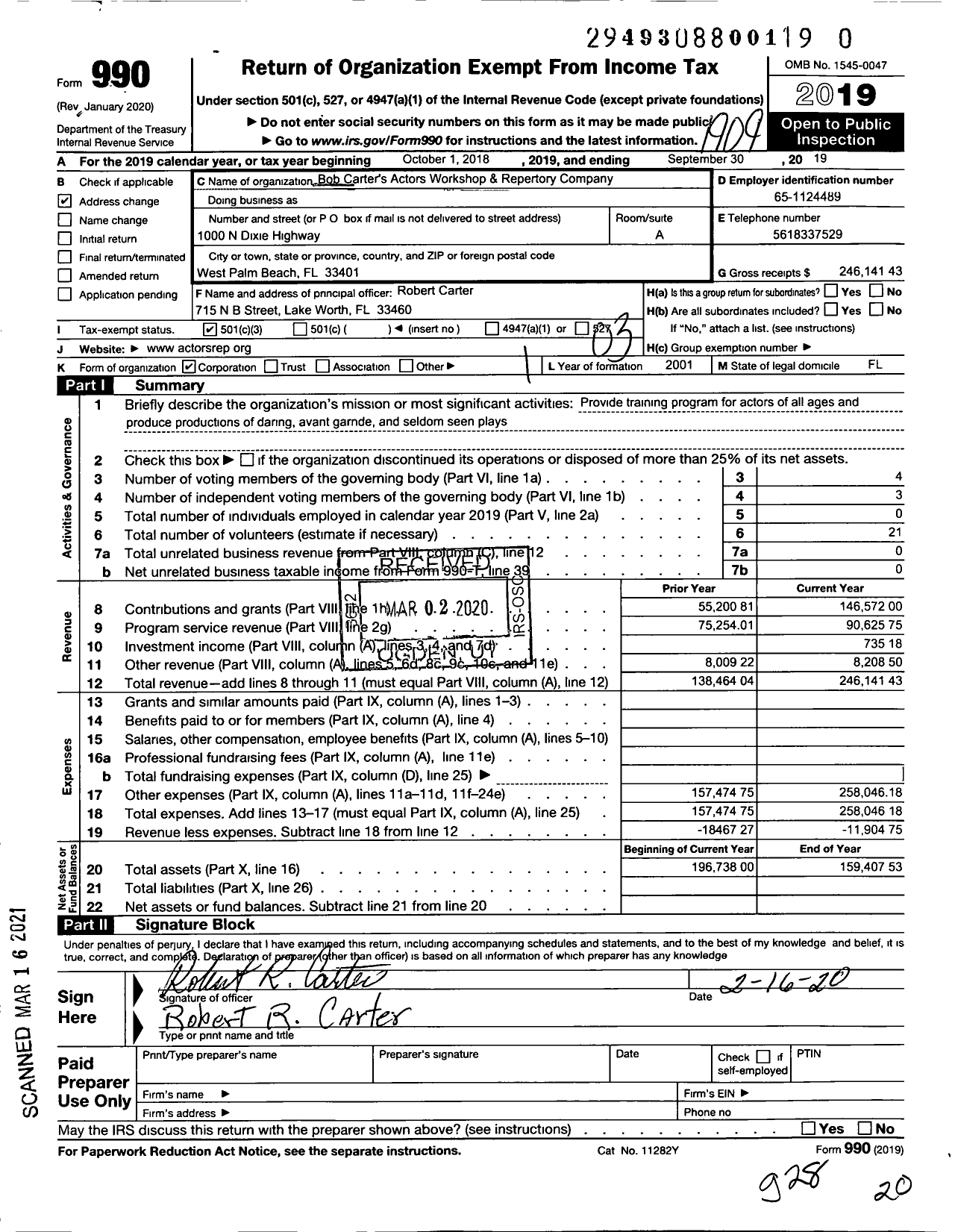 Image of first page of 2018 Form 990 for Bob Carter's Actors Workshop and Repertory