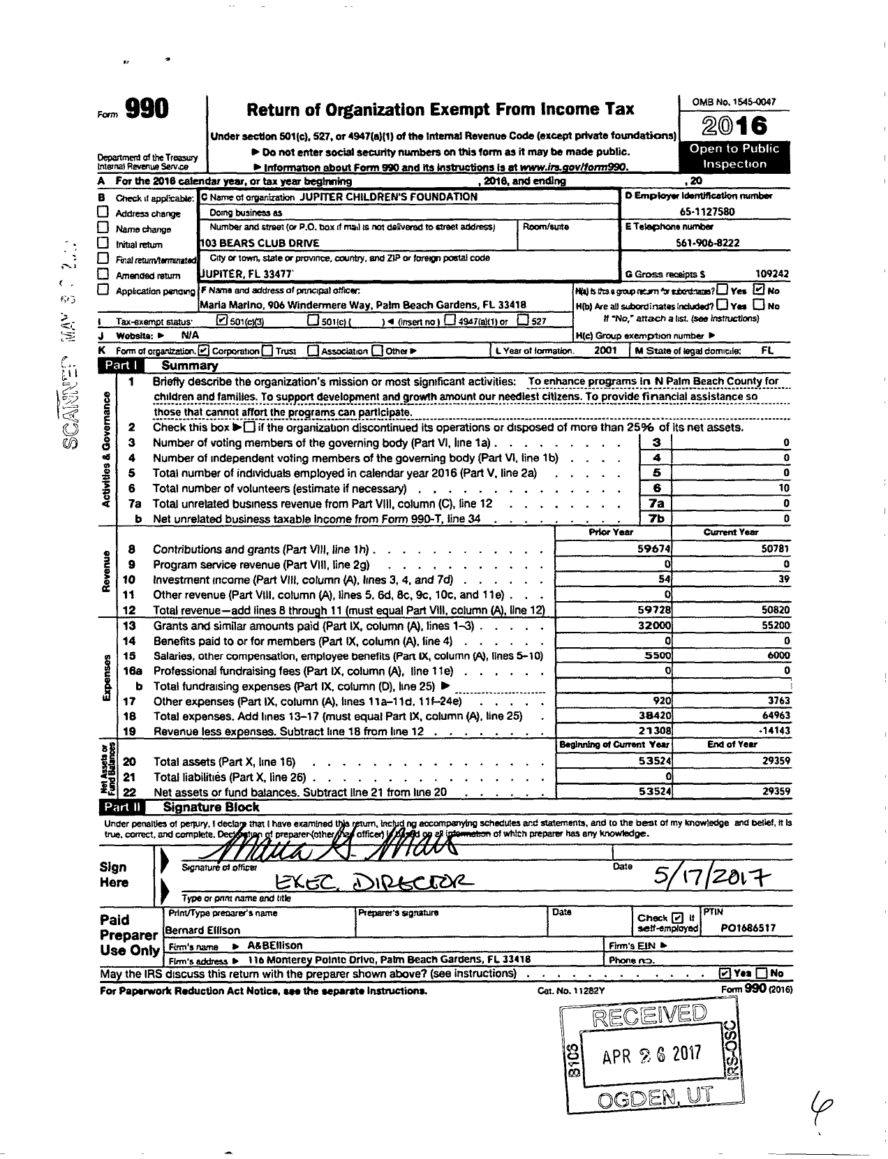 Image of first page of 2016 Form 990 for Jupiter Childrens Foundation