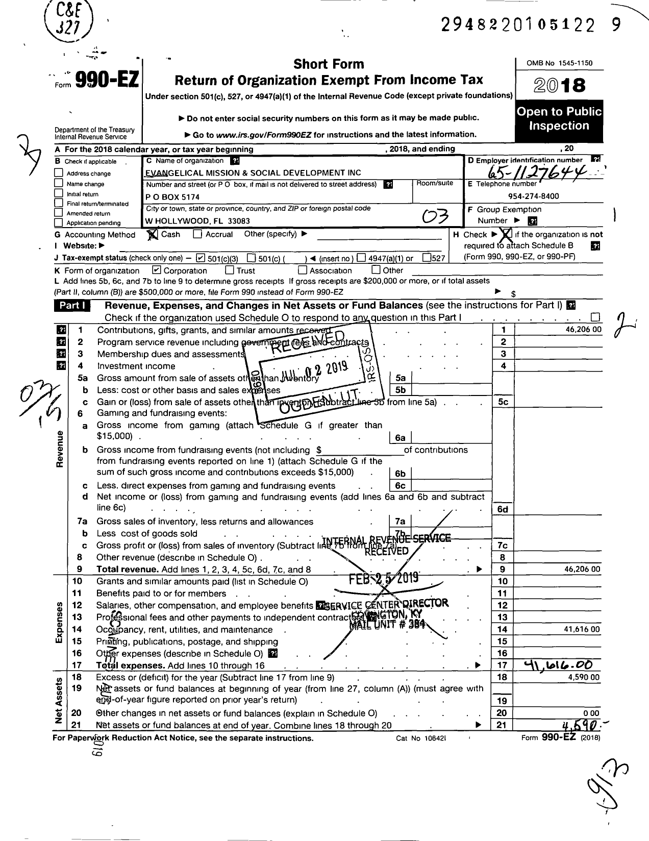 Image of first page of 2018 Form 990EZ for Evangelical Mission and Social Development